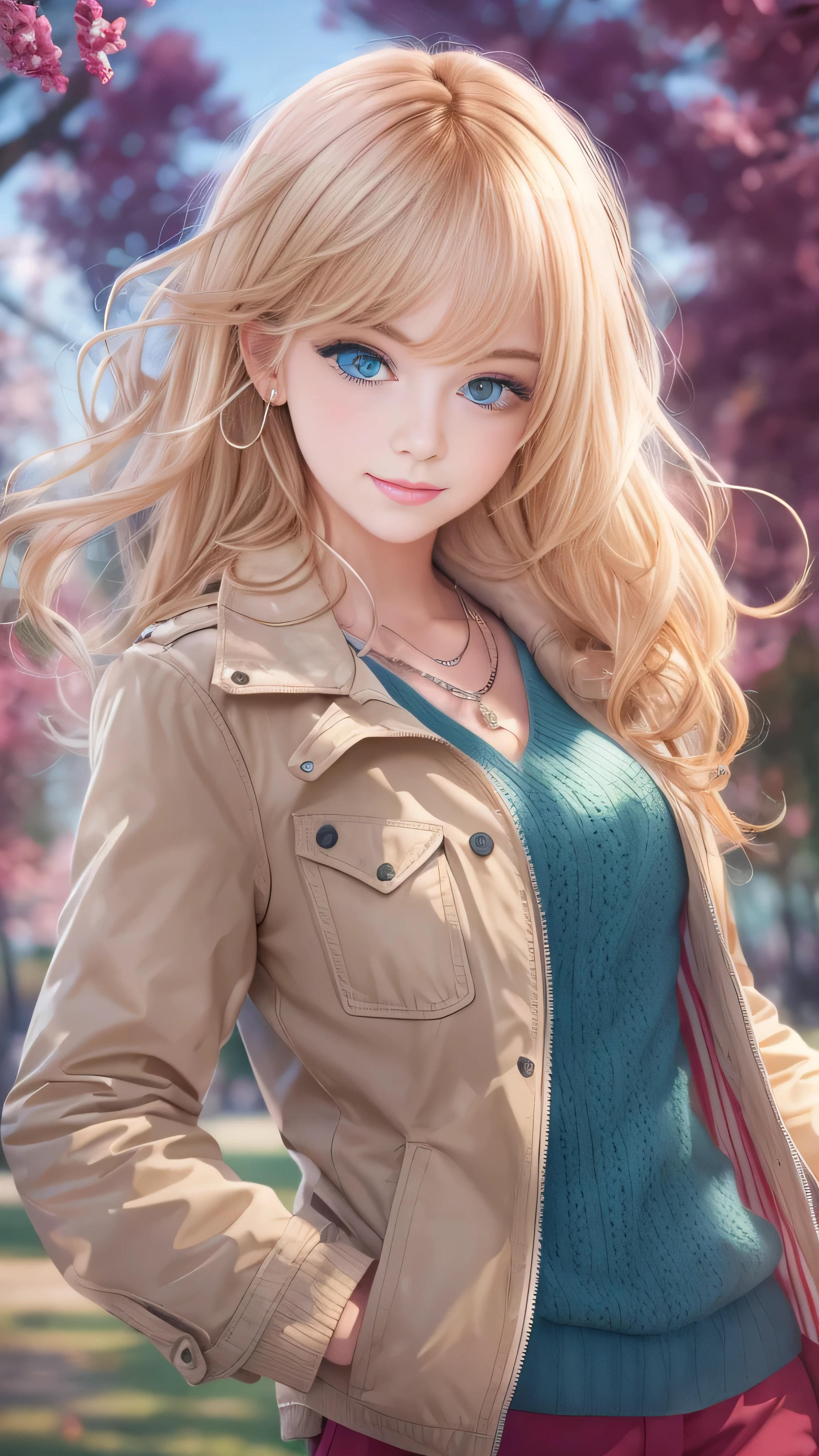 With high definition images，masterpiece, Best Quality, One girl, beautiful, , delicate, Very complicated, detailed, Blonde, jacket, blue eyes, ((masterpiece)), extremely detailed, Best Quality, High resolution, ((In the park)), Bridget, smile,  