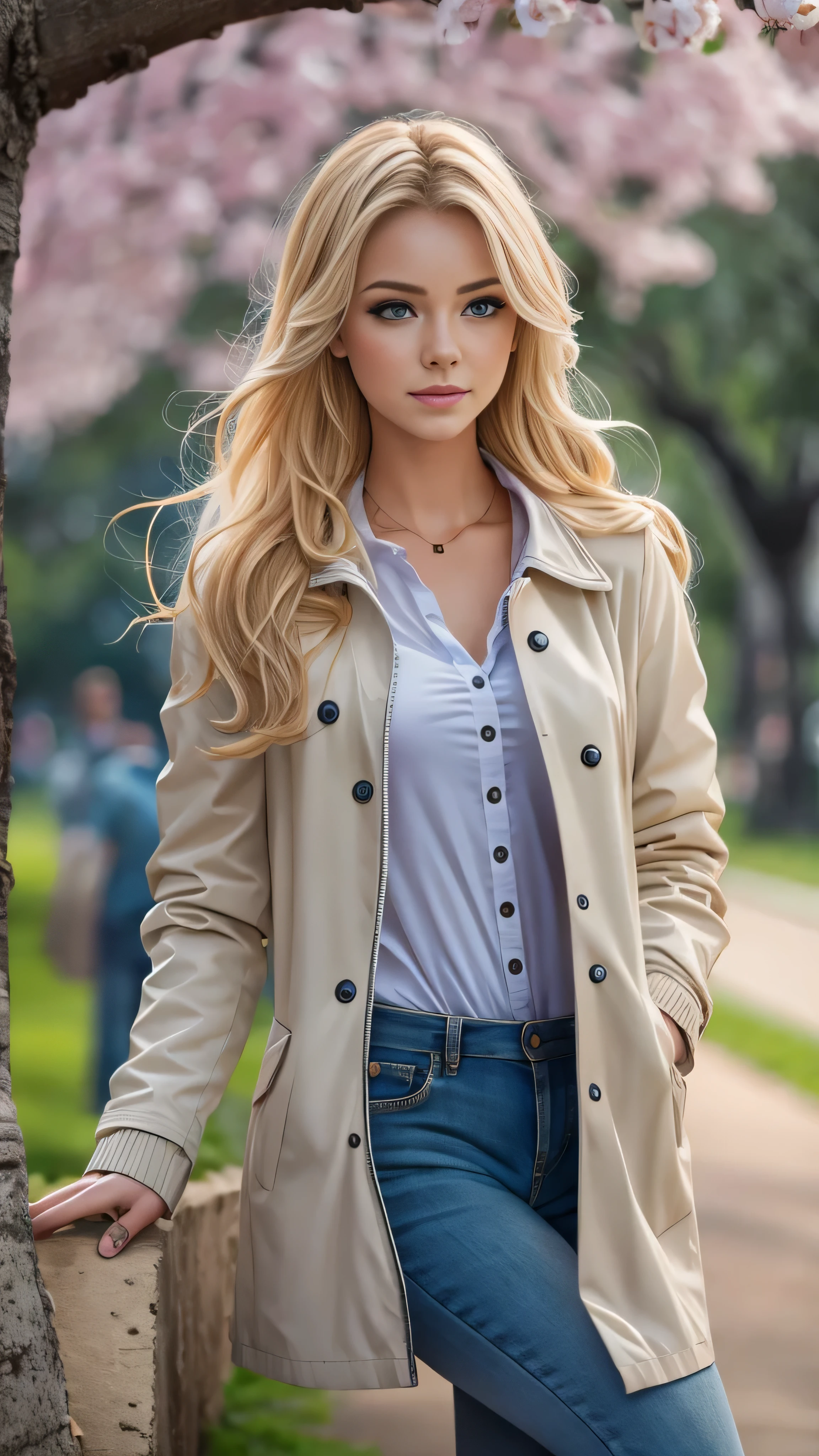 With high definition images，masterpiece, Best Quality, One girl, beautiful, , delicate, Very complicated, detailed, Blonde, jacket, blue eyes, ((masterpiece)), extremely detailed, Best Quality, High resolution, ((In the park)), Bridget, smile,  