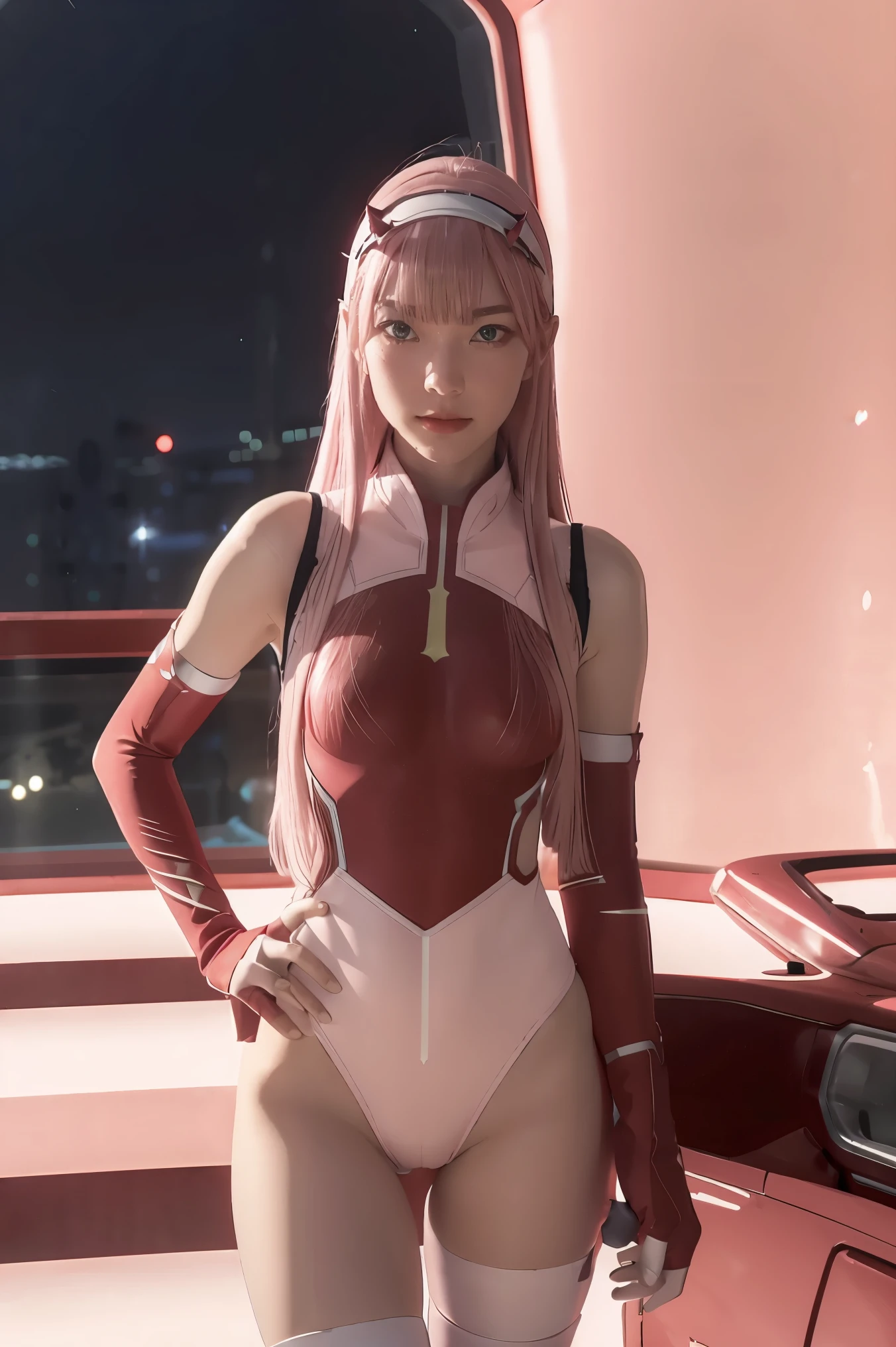 ,dynamic angle,ultra-detailed, illustration, straight on, 1girl, ((Zero two, interface headband with a pair of horns, red bodysuit:1.4, pink hair)), Her eyes shone like dreamy stars,(glowing eyes:1.233),(beautiful and detailed eyes:1.1),(expressionless, closed mouth),(standing), (mechanic room with tools and spaceship window in a white SPACESHIP), (night:1.2), dreamy, [[delicate fingers and hands:0.55]::0.85],(detail fingers), smirk,