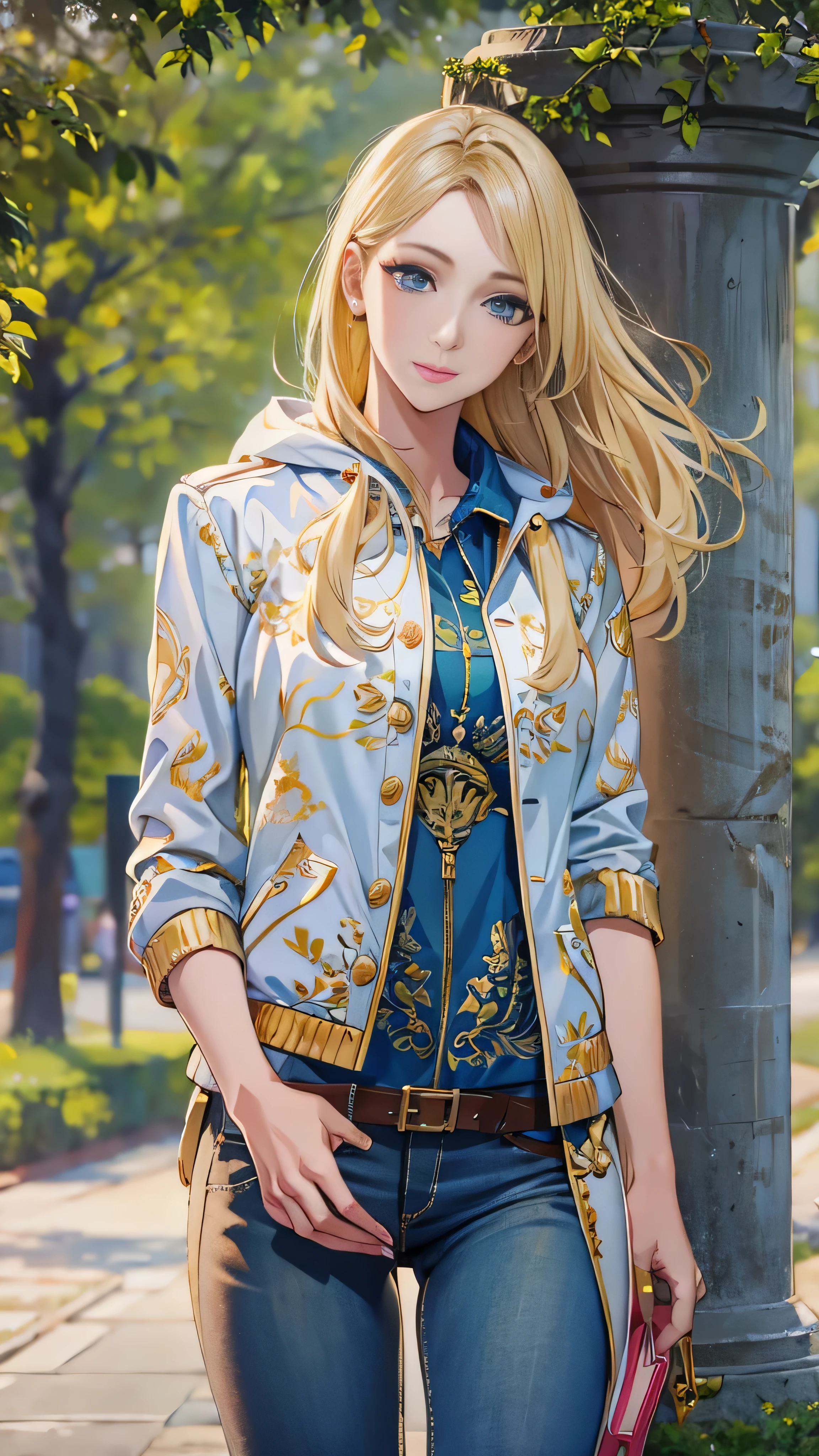 With high definition images，masterpiece, Best Quality, One girl, beautiful, , delicate, Very complicated, detailed, Blonde, jacket, blue eyes, ((masterpiece)), extremely detailed, Best Quality, High resolution, ((In the park)), Bridget, smile,  