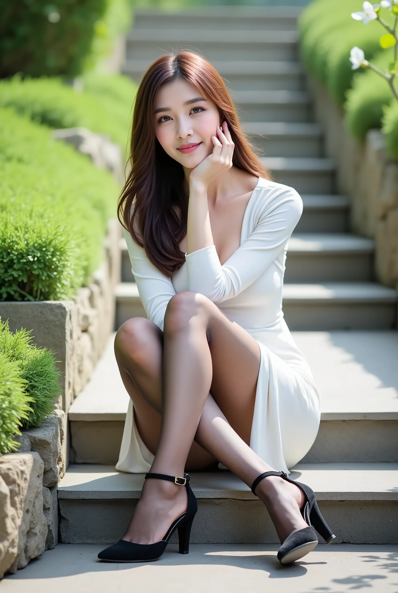 A photorealistic image of a young slender East Asian woman sitting elegantly on outdoor stone steps. She has long, wavy brown hair cascading over her shoulders, with a soft and calm expression on her face. She is wearing a white long-sleeve dress with a slight slit on one side, paired with sheer black stockings that emphasize her slender legs. Her outfit is completed with black high-heeled shoes featuring ankle straps. The woman is sitting in a relaxed, confident pose, with one hand gently resting on her face and the other arm resting on her knee. The background is a bright, sunny day with soft greenery on both sides of the steps, creating a peaceful and fresh outdoor atmosphere. The lighting is natural, enhancing the softness of her skin and the shine of her shoes, making the overall scene feel both elegant and serene.