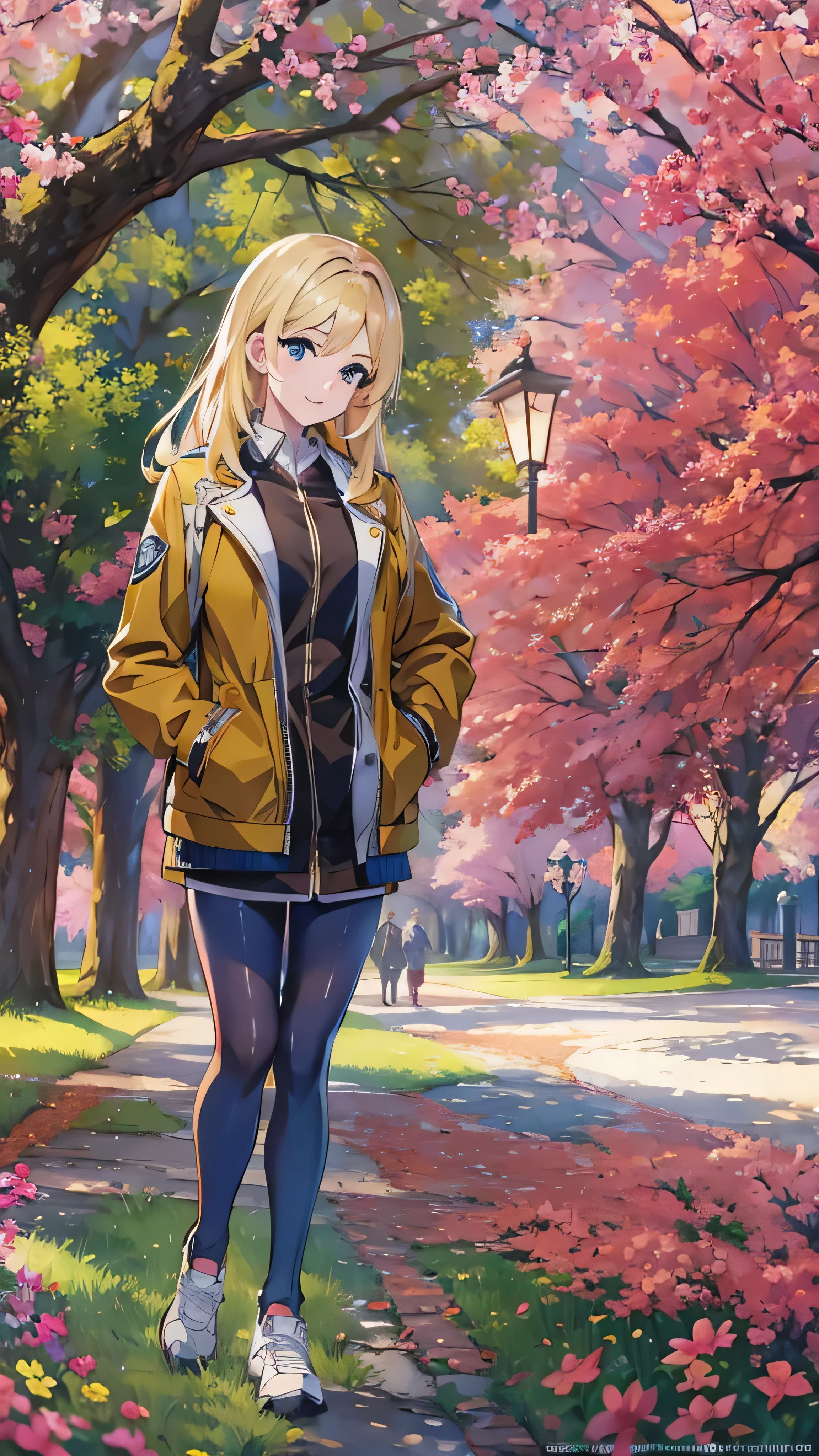 masterpiece, Best Quality, One girl, beautiful, , delicate, Very complicated, detailed, Blonde, jacket, blue eyes, ((masterpiece)), extremely detailed, Best Quality, High resolution, ((In the park)), Bridget, smile,  