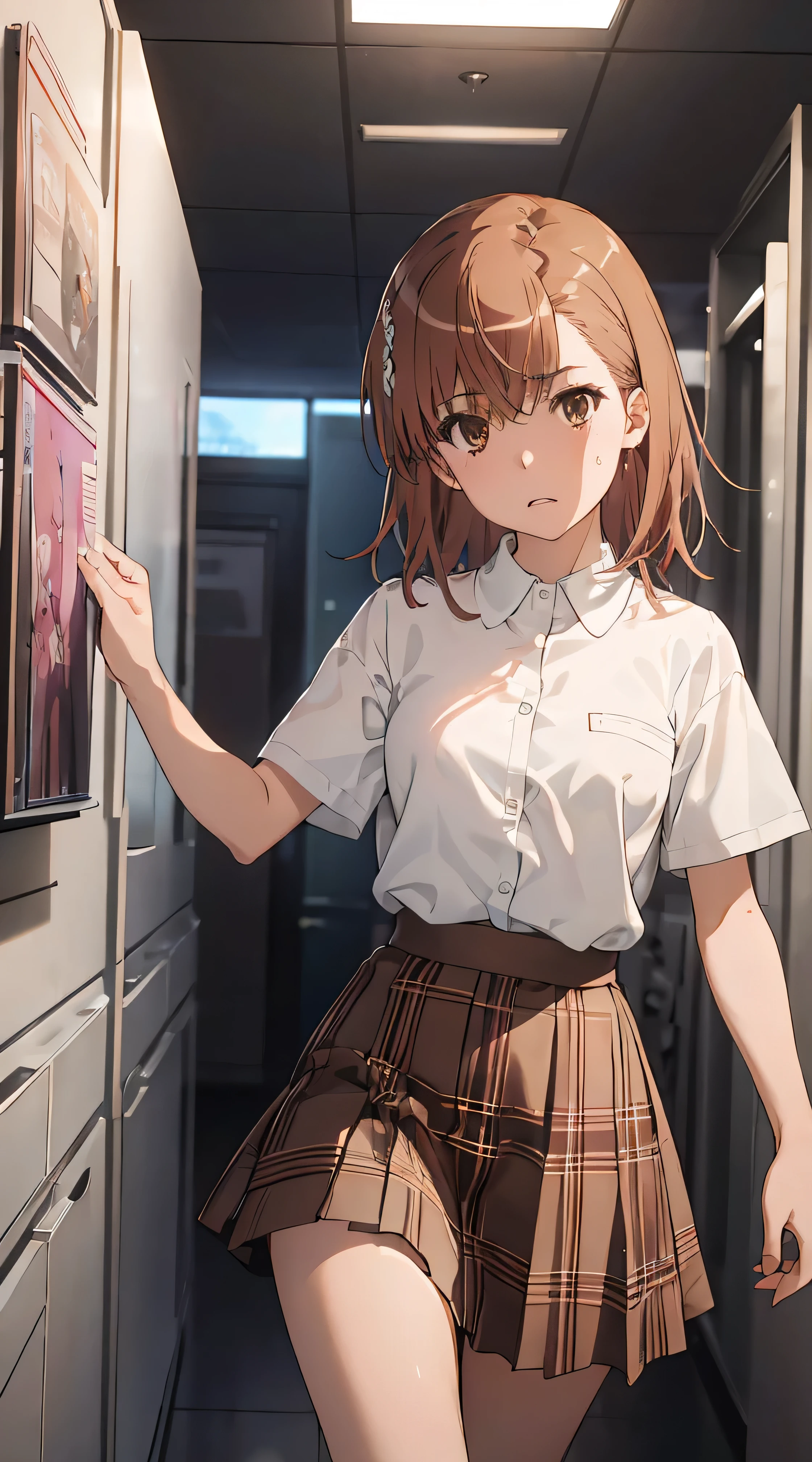 (((pixel perfect, detail perfect))), alone, 1 girl, Misaka Mikoto, tokiwadai , bow, looking at the viewer, closed mouth, whole body。White panties、Pull up your skirt、Inside the elevator、Hotel Rooms、smile、nose blush