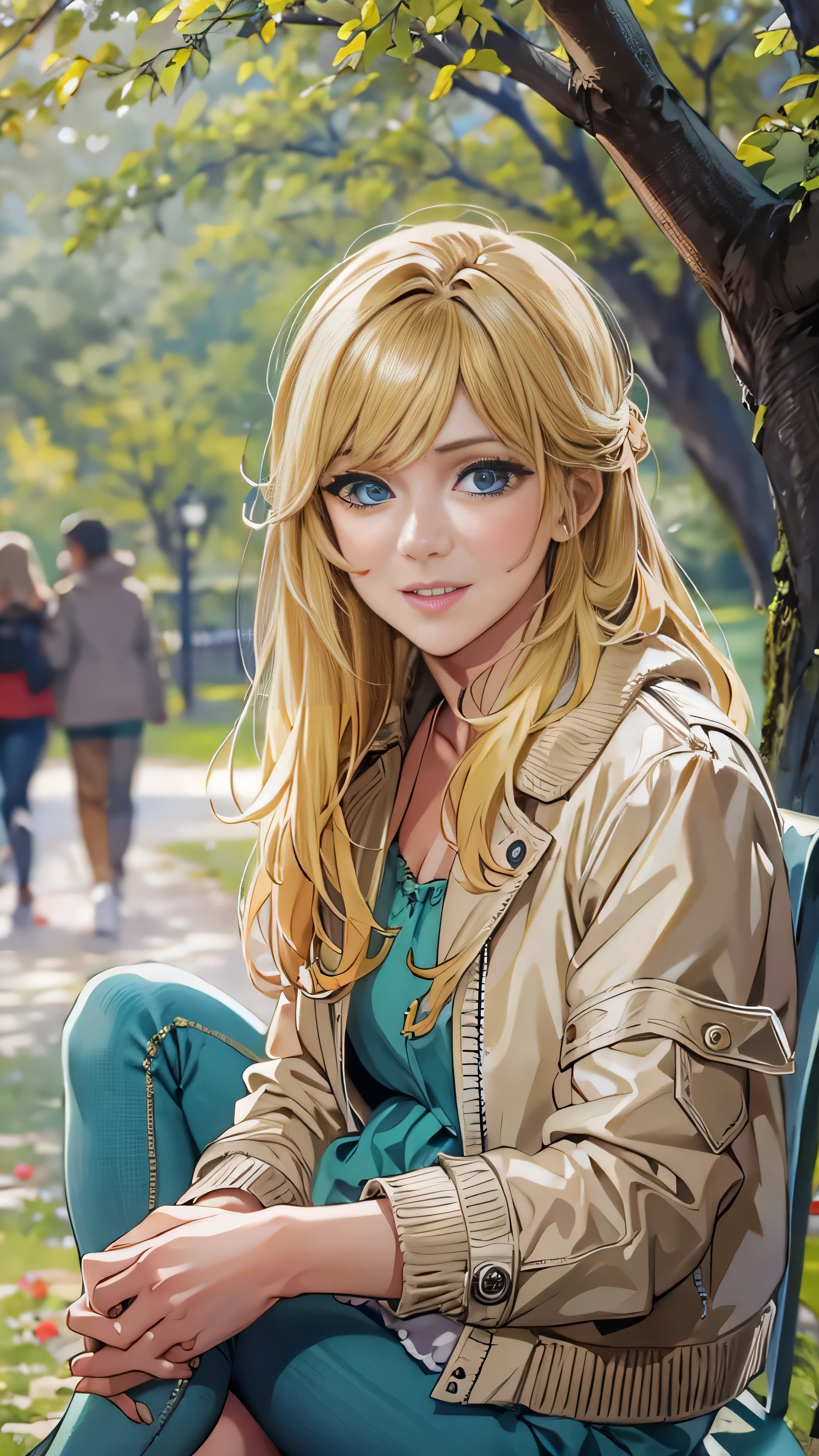 masterpiece, Best Quality, One girl, beautiful, , delicate, Very complicated, detailed, Blonde, jacket, blue eyes, ((masterpiece)), extremely detailed, Best Quality, High resolution, ((In the park)), Bridget, smile,  