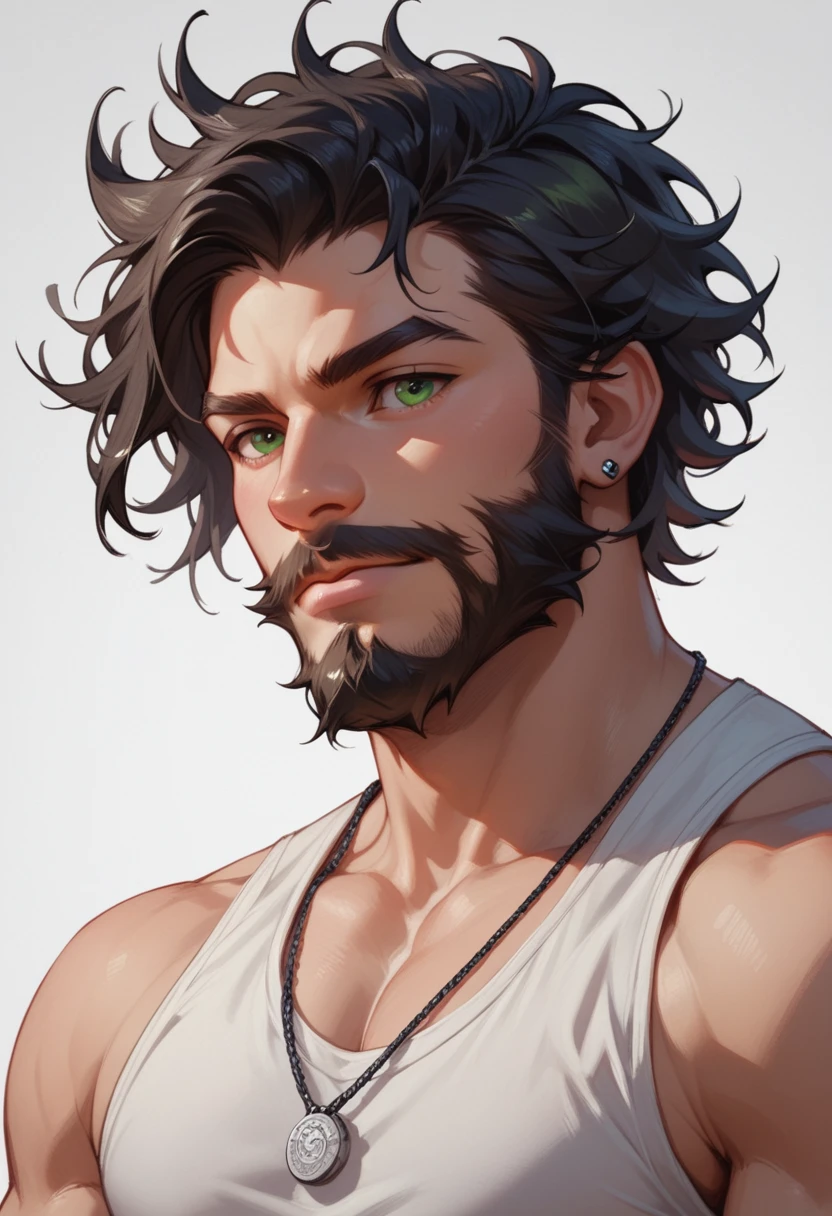 Human  Male , Green eyes, Black Messy hair ,Beard  , 