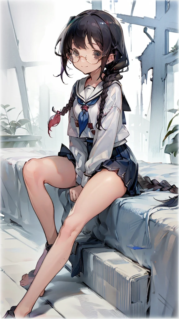 masterpiece, 8k, black hair braid glasses, fun cute, Smiling Girl, Primary school students,  sailor suit navy blue pleated skirt, fine, Completely naked, No underwear, , Young, Sitting on the bed with legs apart, anus