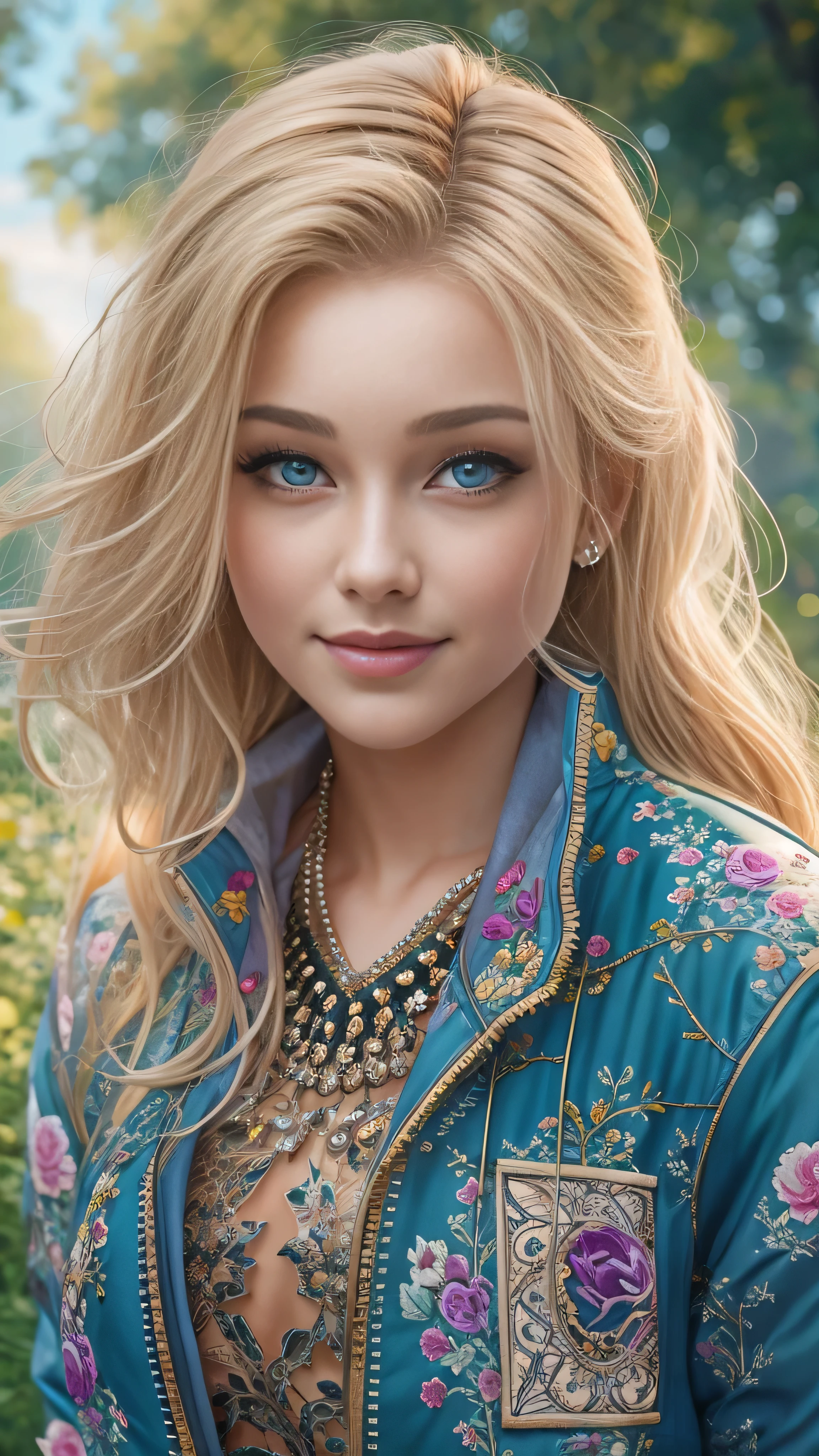 masterpiece, Best Quality, One girl, beautiful,  delicate, Very complicated, detailed, Blonde, jacket, blue eyes, ((masterpiece)), extremely detailed, Best Quality, High resolution, ((In the park)), Bridget, smile,  