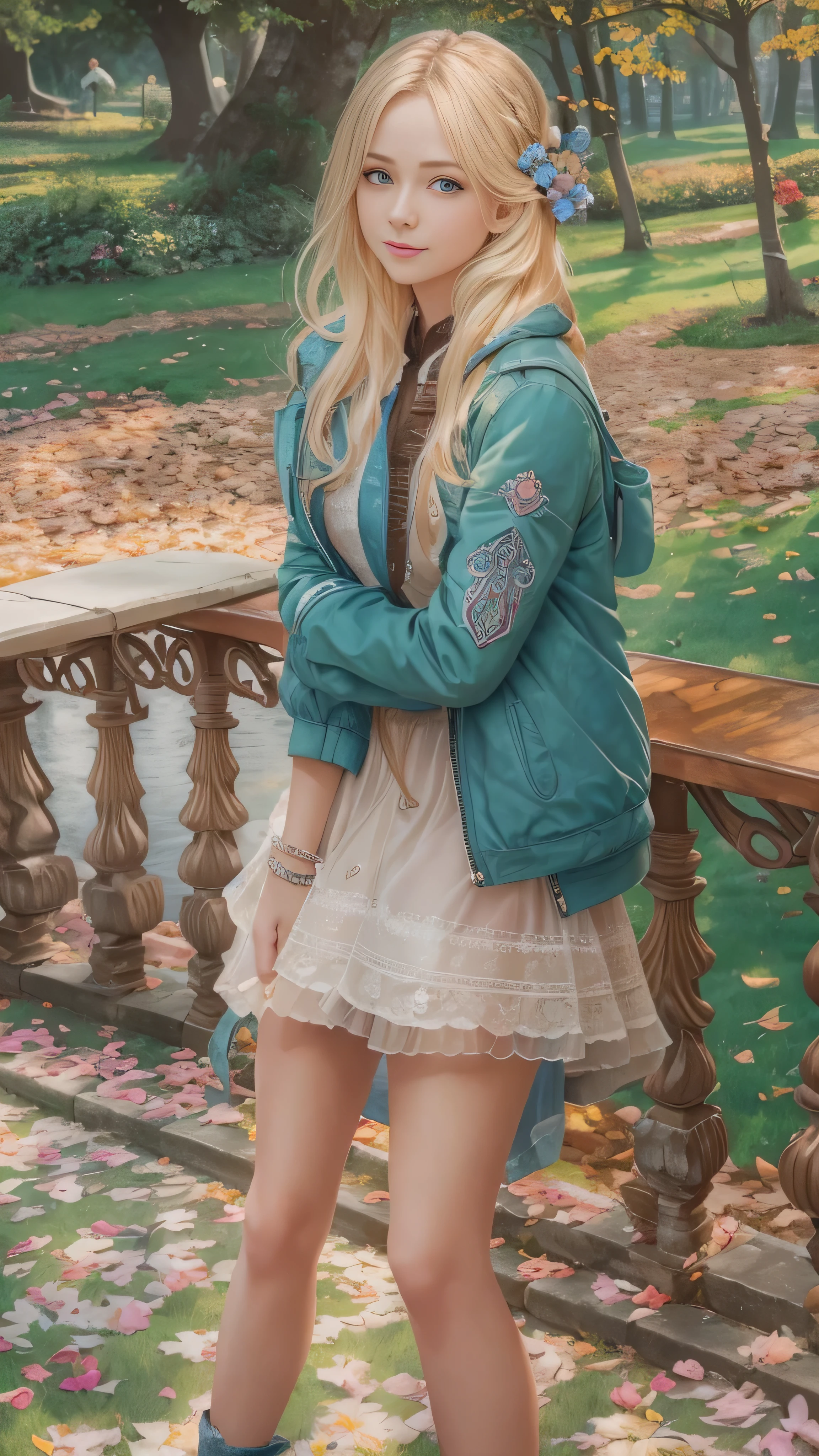 masterpiece, Best Quality, One girl, beautiful,  delicate, Very complicated, detailed, Blonde, jacket, blue eyes, ((masterpiece)), extremely detailed, Best Quality, High resolution, ((In the park)), Bridget, smile,  