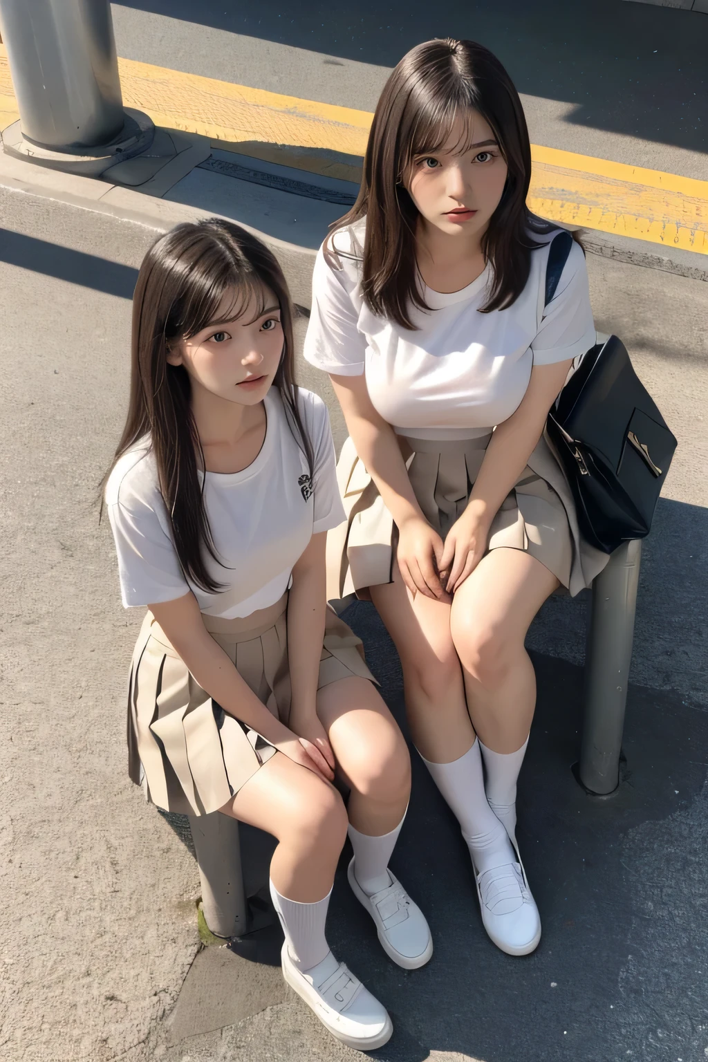 heavy rain, soaked, long hair, looking at viewer, smile, bangs, (Two girls in:1.2), brown hair, shirt, black hair, short sleeves, brown eyes, long hair, Wet white T-shirt, (White pleated skirt:1.2), open legs, Lofer shoes, (Black socks:1.2), striped, bag, kneehighs, brown footwear, loafers, school bag, Train station seat, Sitting, (Plump breast:1.2), (From top view:1.4)