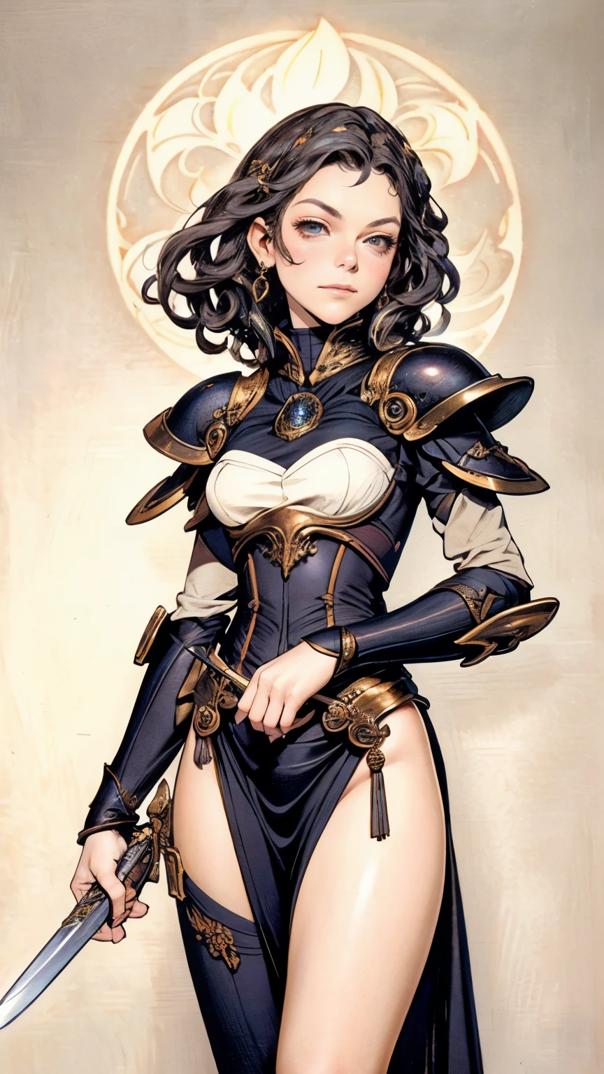 (masterpiece:1.2, best quality:1.2, extremely delicate:1.2), ((Evangeline Lilly:1.2)), beautiful woman, long black hair, long curly hair, blue eyes, perfect eyes, mysterious gaze, delicate and alluring figure, porcelain skin, pale skin, exquisite and mature manga art style, exquisite photography, goddess, feminine, Photo realism, photorealistic, perfect skin, even and soft lighting on face, dramatic, high definition, highres, ultra-detailed, ultra-fine painting, professional, perfect body proportions, golden ratio, anatomically correct, symmetrical face, extremely detailed eyes and face, high quality eyes, creativity, RAW photo, UHD, 32k, portrait lighting, Natural light, cinematic lighting, (masterpiece-anatomy-perfect:1.2), ((knight armor, shiny armor, long sword in hand, fantasy battefield background))