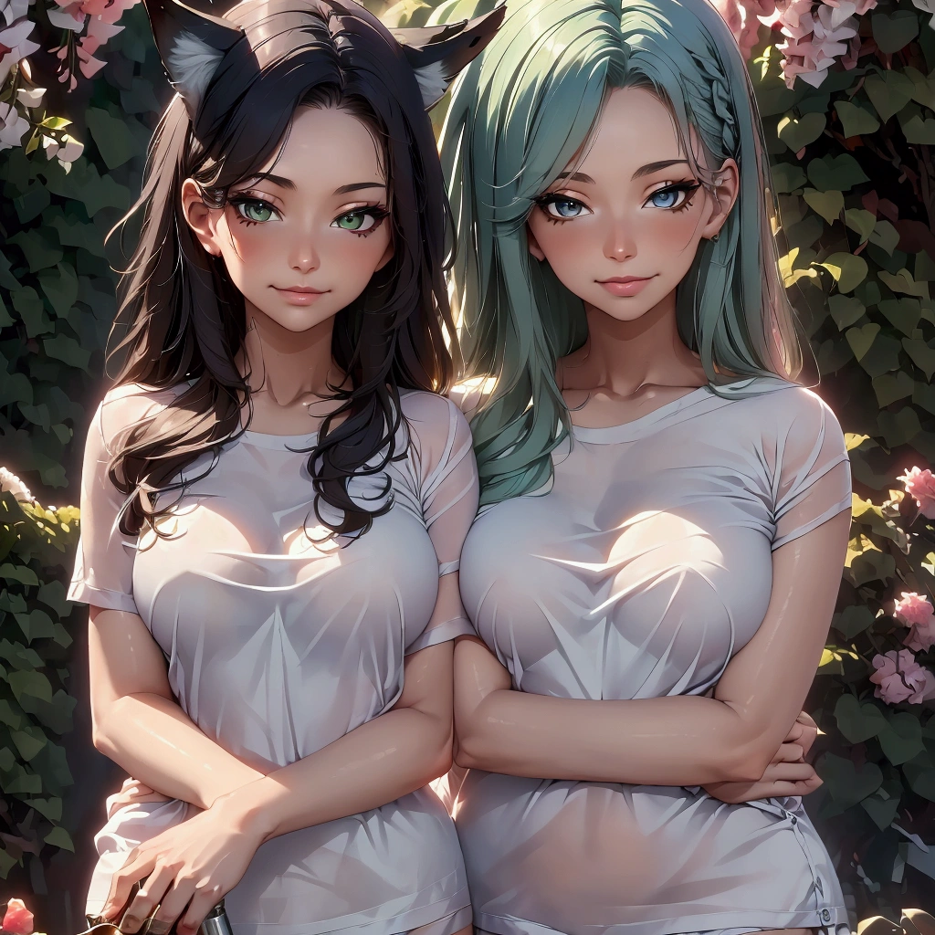 masterpiece, HD,  best quality, Nonis  , free hot springs , Fox girl, fuchsohr, foxtail,  silver blue hair ,  very very hair  ,blue-grey eyes ,  bathing in spring  ,  sake glass in hand and others on a towel, Smile ,  wolves  , green hair,  gold eyes , long hair, sake glas in der Hand,  Smilet,   focus group , 