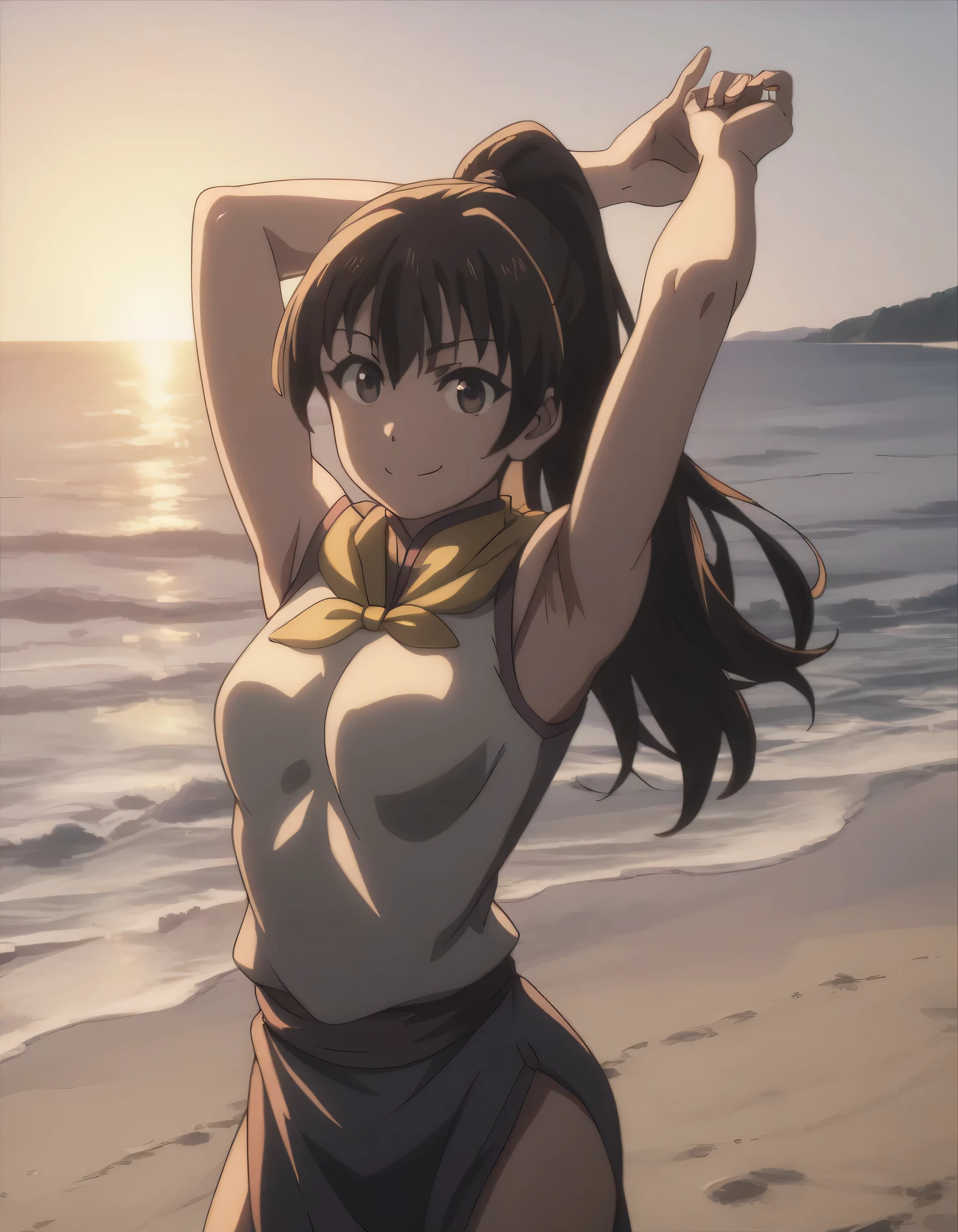 score_9, score_8_up, score_7_up, gsfghtr, neckerchief, 1girl, sweet smile, standing in beach, dim lighting, armpit