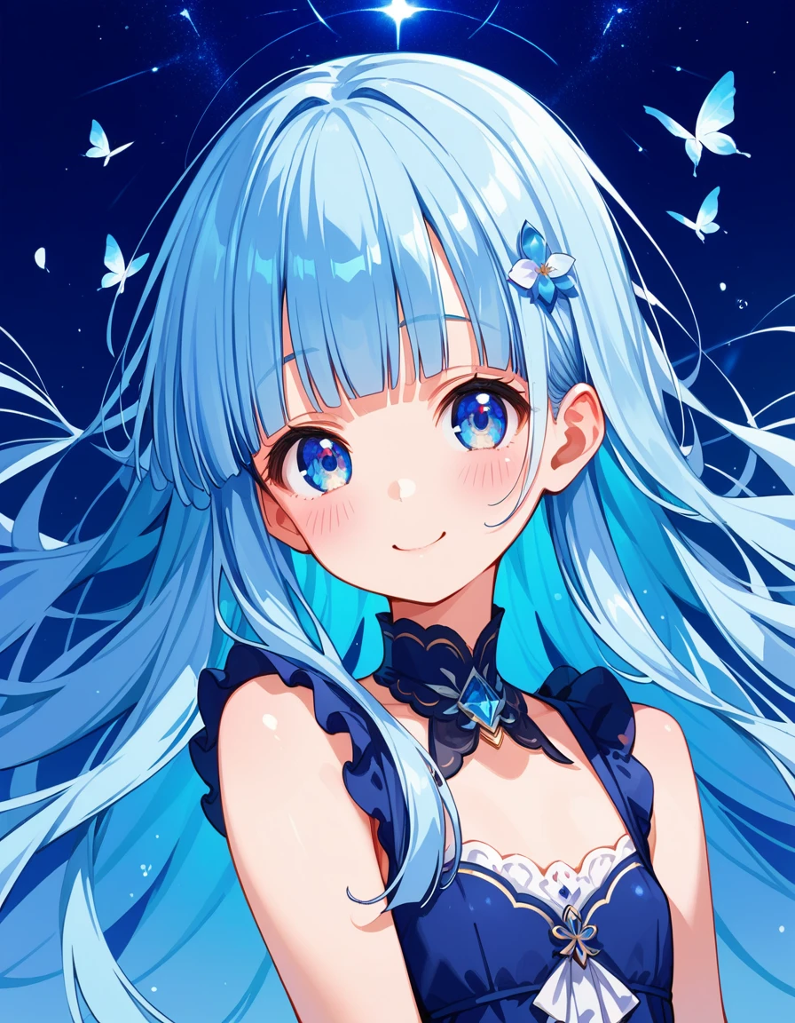 masterpiece, best quality, extremely detailed, (illustration, official art:1.1), 1 girl ,(((( light blue hair)))), ,(((( light blue long hair)))),light blue hair, ,((blush)) , cute face, big eyes, masterpiece, best quality,(((((a very delicate and beautiful girl))))),Amazing,beautiful detailed eyes,blunt bangs((((little delicate girl)))),(((tareme))),droopy eyes.(true beautiful:1.2), sense of depth,dynamic angle,,,shy, affectionate smile, (true beautiful:1.2),,(tiny 1girl model:1.2),)(flat chest),Absurd,High Resolution,Super Detailed,Texture,High Resolution,(1 Girl:1.3),(Upper Body),A scene of the view from Tokyo Tower, just after sunrise. The sky showed a beautiful contrast between the morning sun and the night sky.Night view