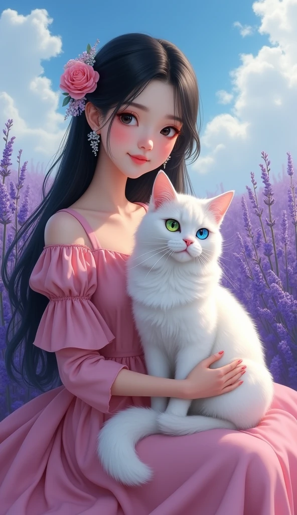  1girl, naked, animal ears,  purple eyes , brown hair, Wings, One, long hair, blush, cat ears, flowers,  Looking at the viewer, braids, meadows, dresses, pink flowers, meadows,  hair accessories, bang, cats, hair flower,  animal hair , holding,  virtual youtuber , blue bow, holding animal, catwoman, stuffed toy