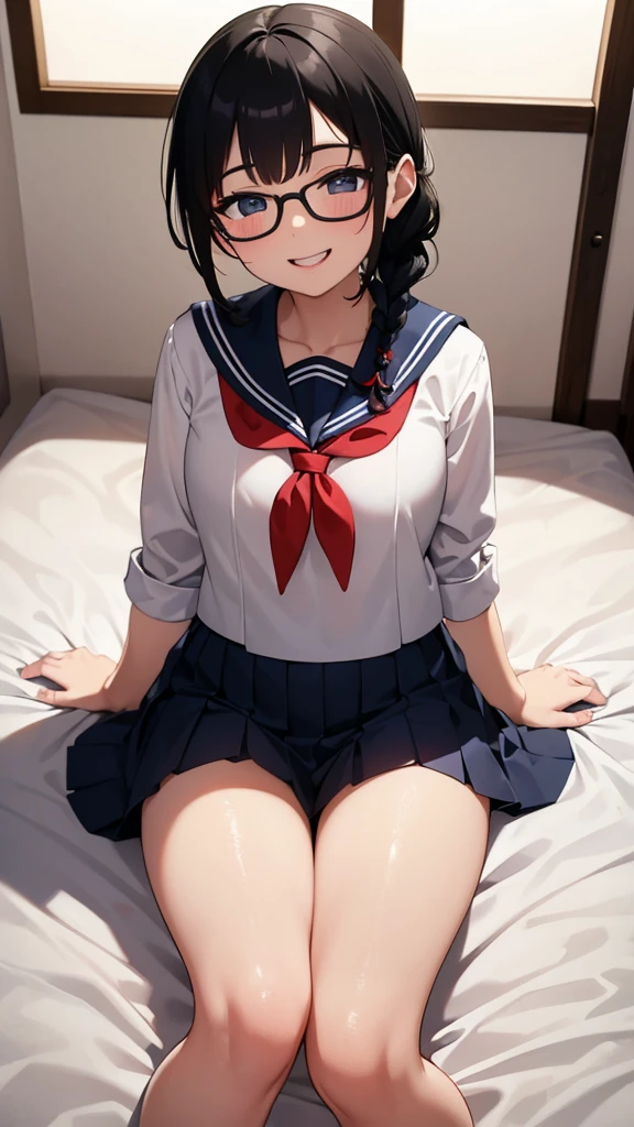 masterpiece, 8k, black hair braid glasses, fun cute, Smiling Girl, Primary school students,  sailor suit navy blue pleated skirt, fine, Completely naked, No underwear, , Young, Sitting on the bed with legs apart, BUKKAKE