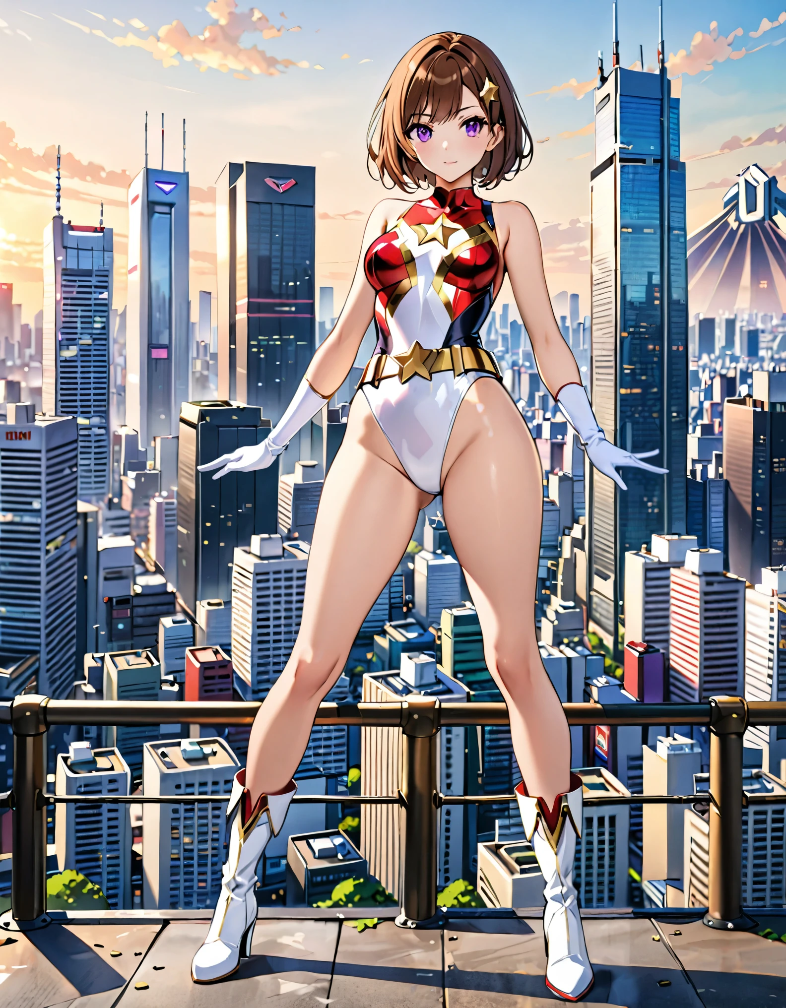 (masterpiece:1.2, best quality, high res, 4k, 8k), 1girl, adult, medium breasts, finger proportions coordination, cute and attractive woman, (two-tone leotard;1.2, white leotard, (red leotard), sleeveless, bare legs)), ((tight belt:1.2, gold belt:1.2)), ((boots, matching boots, ankle-high boots, white boots)), ((gloves, white gloves)), city backdrop, Tokyo city backdrop, solo, solo focus, standing, (full body), cowboy shot, superhero, ((beautiful detailed eyes)), double eyelids, ((gold star symbol on chest)), (brown hair, medium hair, bob hair, purple eyes), (perfect hands, perfect anatomy), full body costume design. fix hands.