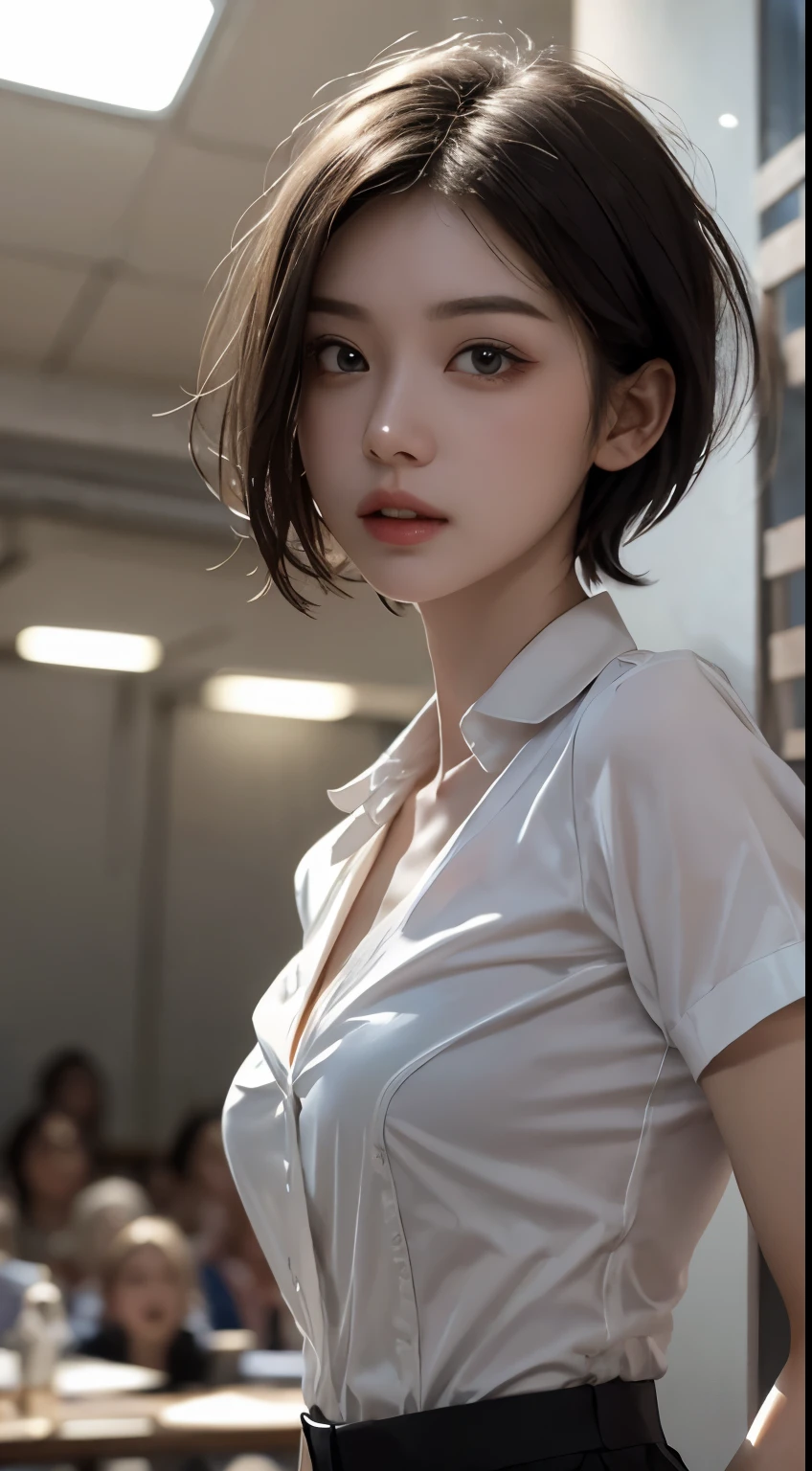 ((Best quality, 8k, Masterpiece: 1.3, raw photo)), Sharp focus: 1.2, (1 AESPA girl: 1.1), (realistic, photo-realistic:1.37), beautiful face girl, cute face, small breasts, flat chest, brunette short messy hair, wet body, (white shirt: 1.1), white business shirt, panties, bathroom, sunlight, cinematic lighting, from below