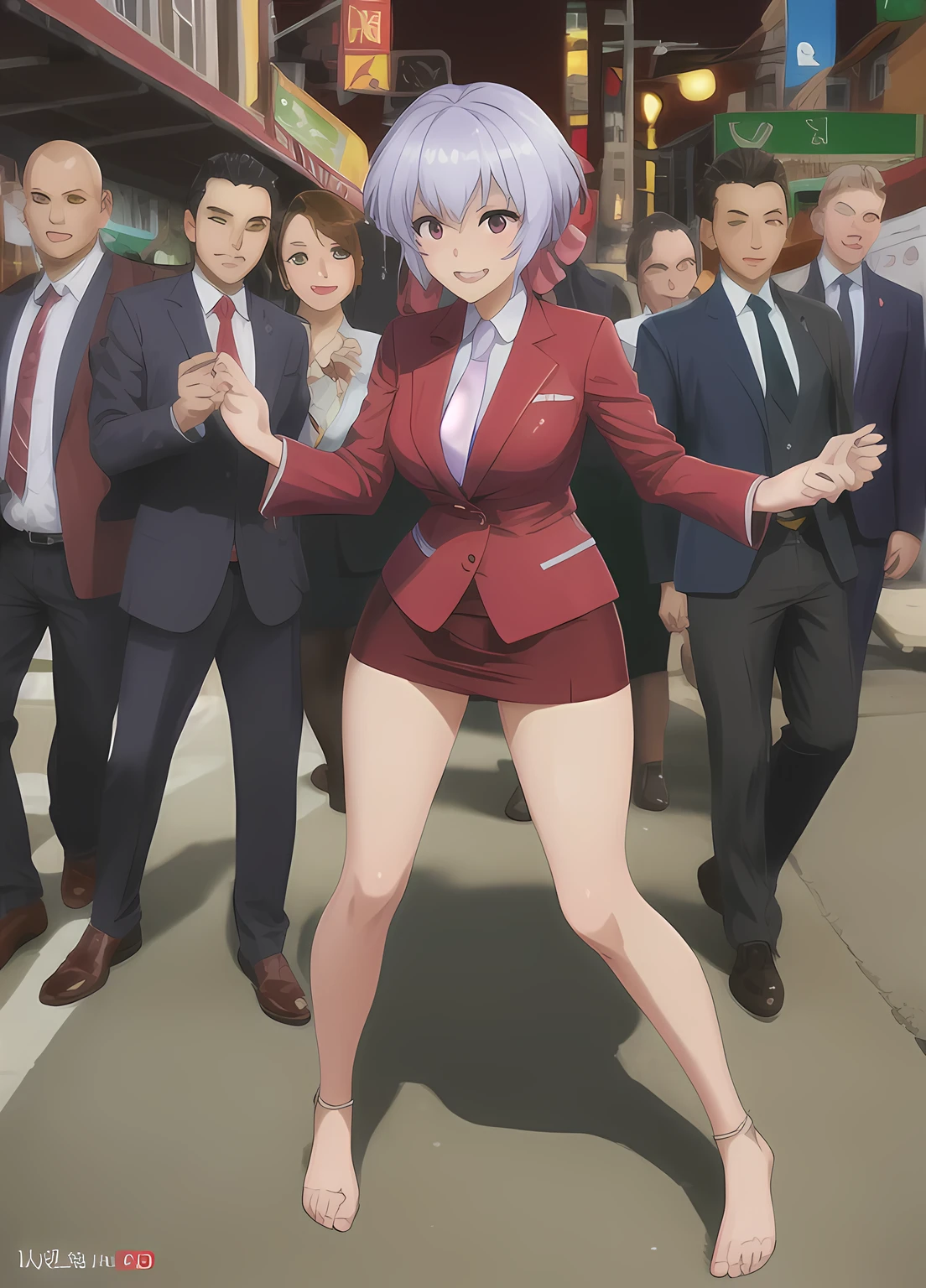 Best Quality,,8k,( beautiful asian hit woman ), ( silver hair twin tail 1 .8), (White skin), (Serious face), red skirt suit 1 .5, (((Three-piece suit))), (((Dress shirt))), (((tie))), blazer,(Thigh 1.2,Large Breasts), ((( red suit jacket ))), Yukine Chris, shiny black collar , ((( bodycon mini skirt ))), Tight skirt, barefoot 1 .2,Cufflinks, ( night city background ), front view, beautiful trimmed face 1 .2, dynamic poses , Ambient Lighting, Photographic realism, intricate face detail , exquisite handmade details , very detailed, Vibrant colors, Cinematic, High resolution, trendy style living at Artstation {x}, , excited ,