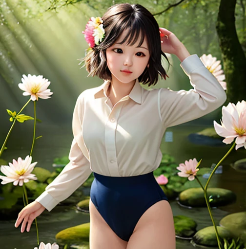 girl in a forest with floating flowers, river, puffy, puffy cheeks, cute,
vibrant colors, colorful art style, 
soft lighting, soft shadows, detailed textures, dynamic lighting,  
nice hands, perfect hands, 
wearing a Black gymnastics bloomers, High leg、white blouse, cowboy shot