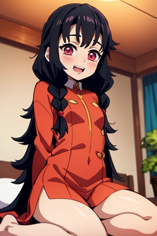 ((Best Quality)), ((masterpiece)), (be familiar with), Perfect Face, indoor, bedroom, Watching the audience,
One woman, Kanroji Mitsuri,
Open Mouth, Ecstatic expression, blush, smile,
Small breasts,  flat chest, , , child, Girl,
Long Hair, Braids,
Leg spread,