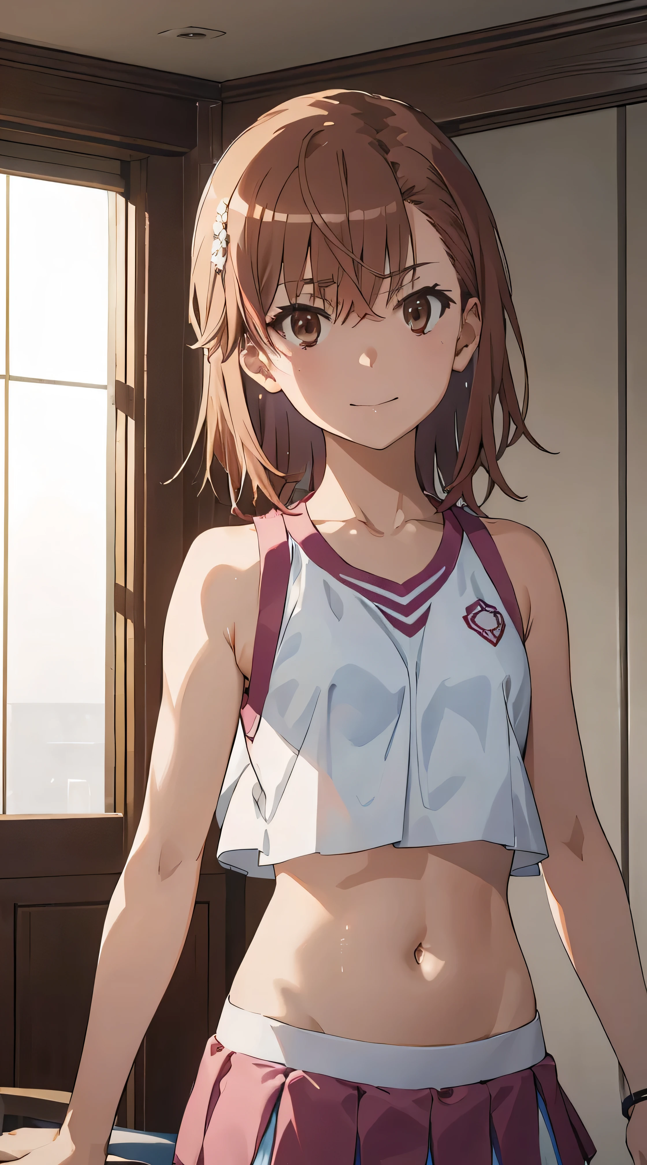 NSFW　(Highest quality:1.5, High resolution, uhd, 4K, Detailed lighting, Shaders), ((Misaka Mikoto)) ,solo short hair　Brown Hair　Brown eyes　Cool face　　Volleyball Uniforms　Realistic gym　 Sweat　Super oily skin　　Preparing for exercise　No ball　No sleeve　Cowboy Shot: Realistic locker room　blush　depressed　Face distorted by pleasure　Resisting Pleasure　Blushing cheeks　wet Nipples licked　Overflowing body fluids　Spurting body fluids　((Lean back)) (((Ecstasy)))++　Completely naked　topless