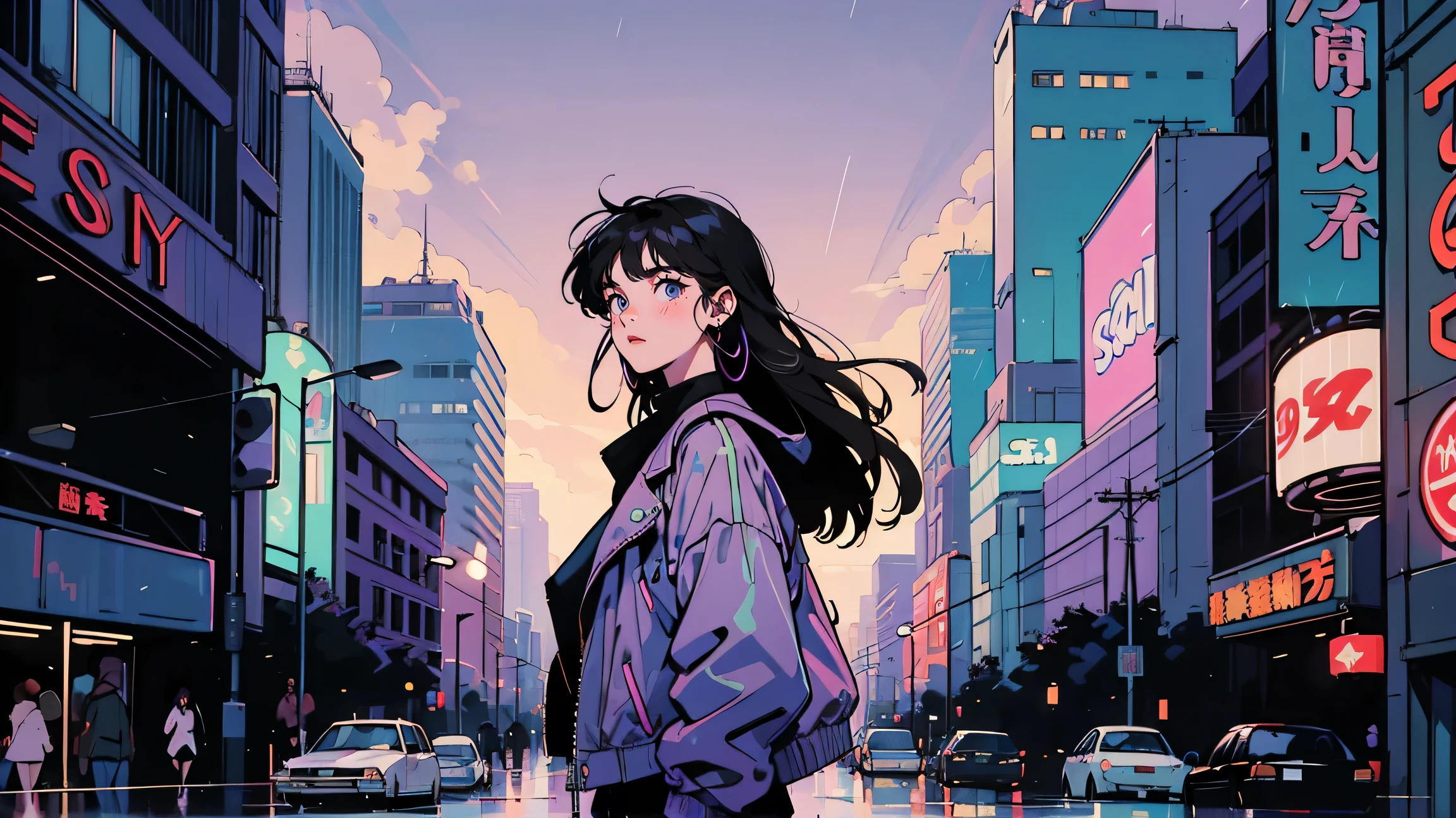 A rainy night in a neon-lit 1980s Japanese city, A 21-year-old woman with long hair wearing a vintage leather jacket stands on a crosswalk, Her noise-cancelling earphones are tuned into her own world. She stares at the viewer, Her expression is a mix of wonder and melancholy. 그녀의 주변, Slick 1980s cars pass by, Neon signs blink, Skyscrapers pierce the purple sky. Despite the bustling city, She stands alone, Stuck between the past and the present.