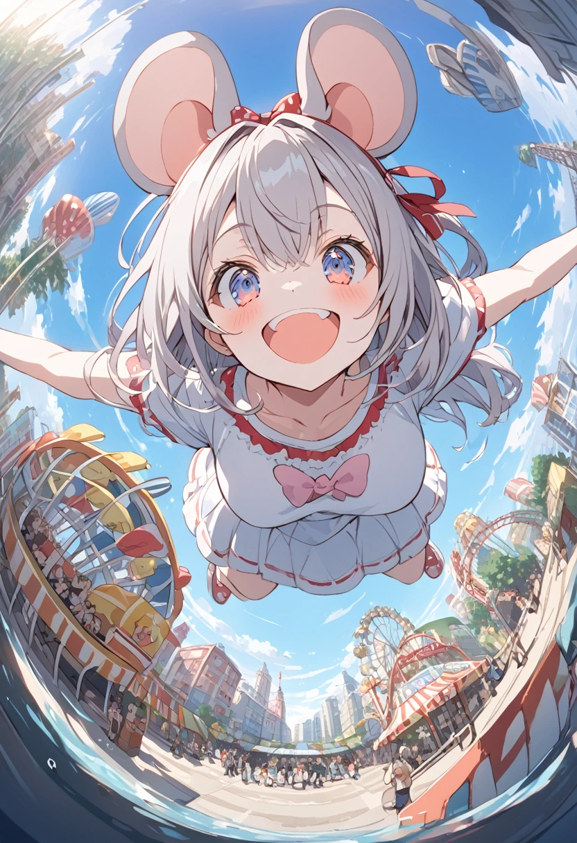 Expand your arms and welcome your audience,big smile,alisa mikhailovna kujou,amusement park,Ferris Wheel, roller coaster going underwater,city,Mouse ear headband ,fisheye, cel shading,from below,Lots in the background