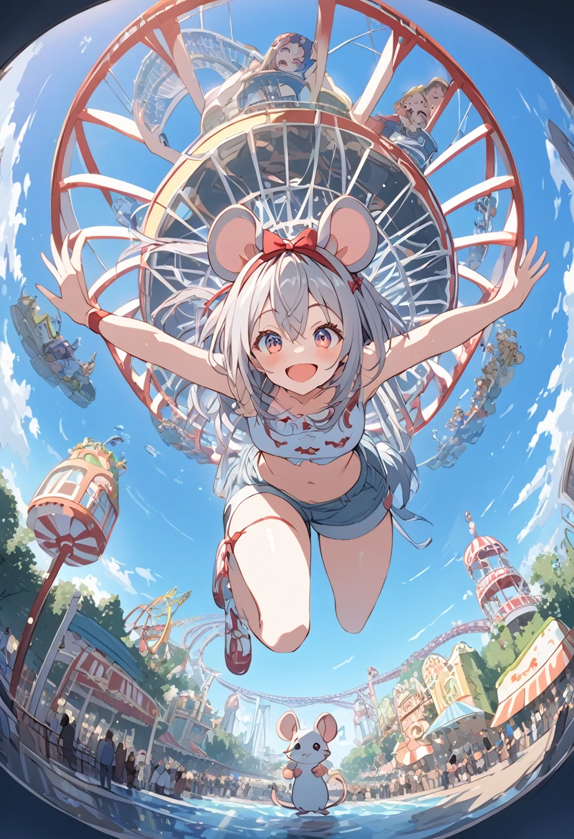 Expand your arms and welcome your audience,big smile,alisa mikhailovna kujou,amusement park,Ferris Wheel, roller coaster going underwater,city,Mouse ear headband ,fisheye, cel shading,from below,Lots in the background