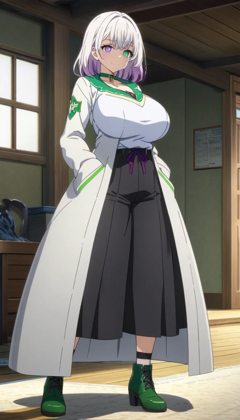 masterpiece, high quality, best quality, 1girl, solo, (muscular female:1.0), (super gigantic breasts:1.0), (closed mouth, half smile), hasegawa chisato, long hair, black hair, thighhighs, red framed glasses, green sweater, ahoge, garter straps, skirt, lab coat, anime screencap, anime key visual, (fully clothed:1.0), full body <lora:hasegawa chisato:0.80>