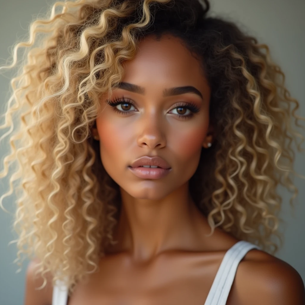 "Ultra-realistic image of a beautiful 21-year-old Afro-Latin girl,Caramel peel, corps parfait, forte poitrine, nez fin,Taille fine, cheveux blond, Curly and curly hair karibean , Piercing light green eyes.hyper-realistic，anatomie correcte，Facial features are carefully represented，Boucles gratuites, curly blonde hair, (cour, curly blonde hair), Long curly wild blonde hair, cheveux multiversaux, cour, curly blonde hair, curly blonde hair, Boucles, wavy hair spread out, Boucles baroques, Boucles, Curly,Texture des cheveux, Curly bang,Photo ID, pretry 