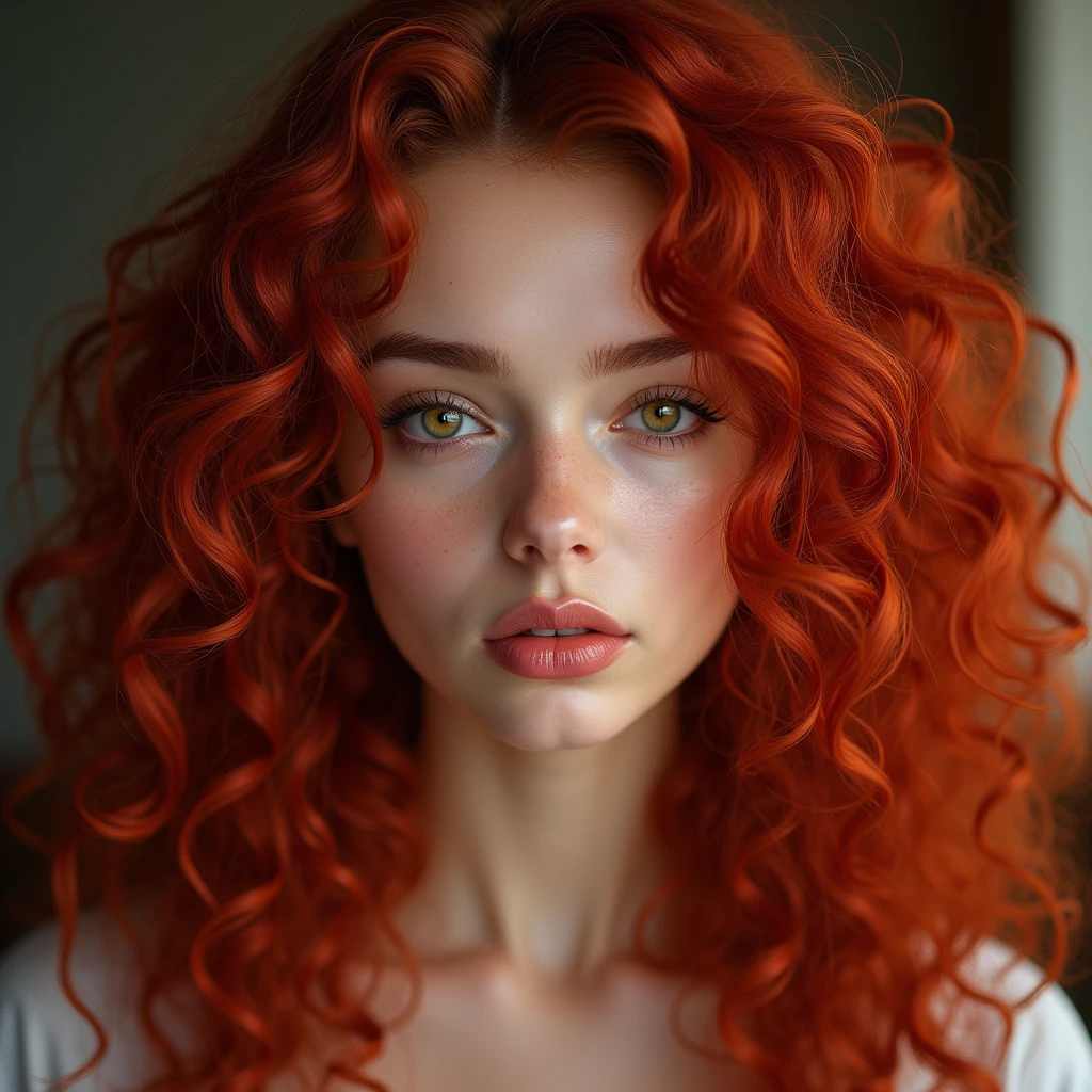 The portrait depicts a girl with flawless anatomical facial details, seductive make-up, presenting a seamless blend of diverse nationalities and skin tones. Her curly drill red hair, varying in length and color in every one image different like (1. image—red, 2. image blonde, 3. image black, and 4. image brown:1.5)—adds to her unique diversity. Her eyes and lips are rendered with extraordinary precision, highlighted by long eyelashes. Displayed in ultra-high resolution, either 4k or 8k, the image boasts a 1.2 rating, demonstrating its exceptional quality. It features an ultra-detailed, realistic, and photorealistic appearance with a 1.37 aspect ratio, enhanced by HDR and UHD quality. The studio lighting accentuates the painting's intricate details, captured with sharp focus and physically based rendering that uncovers every fine detail. A gentle bokeh effect complements the vibrant colors, culminating in a visually captivating experience.