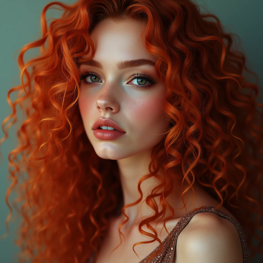 The portrait depicts a girl with flawless anatomical facial details, seductive make-up, presenting a seamless blend of diverse nationalities and skin tones. Her curly drill red hair, varying in length and color in every one image different like (1. image—red, 2. image blonde, 3. image black, and 4. image brown:1.5)—adds to her unique diversity. Her eyes and lips are rendered with extraordinary precision, highlighted by long eyelashes. Displayed in ultra-high resolution, either 4k or 8k, the image boasts a 1.2 rating, demonstrating its exceptional quality. It features an ultra-detailed, realistic, and photorealistic appearance with a 1.37 aspect ratio, enhanced by HDR and UHD quality. The studio lighting accentuates the painting's intricate details, captured with sharp focus and physically based rendering that uncovers every fine detail. A gentle bokeh effect complements the vibrant colors, culminating in a visually captivating experience.