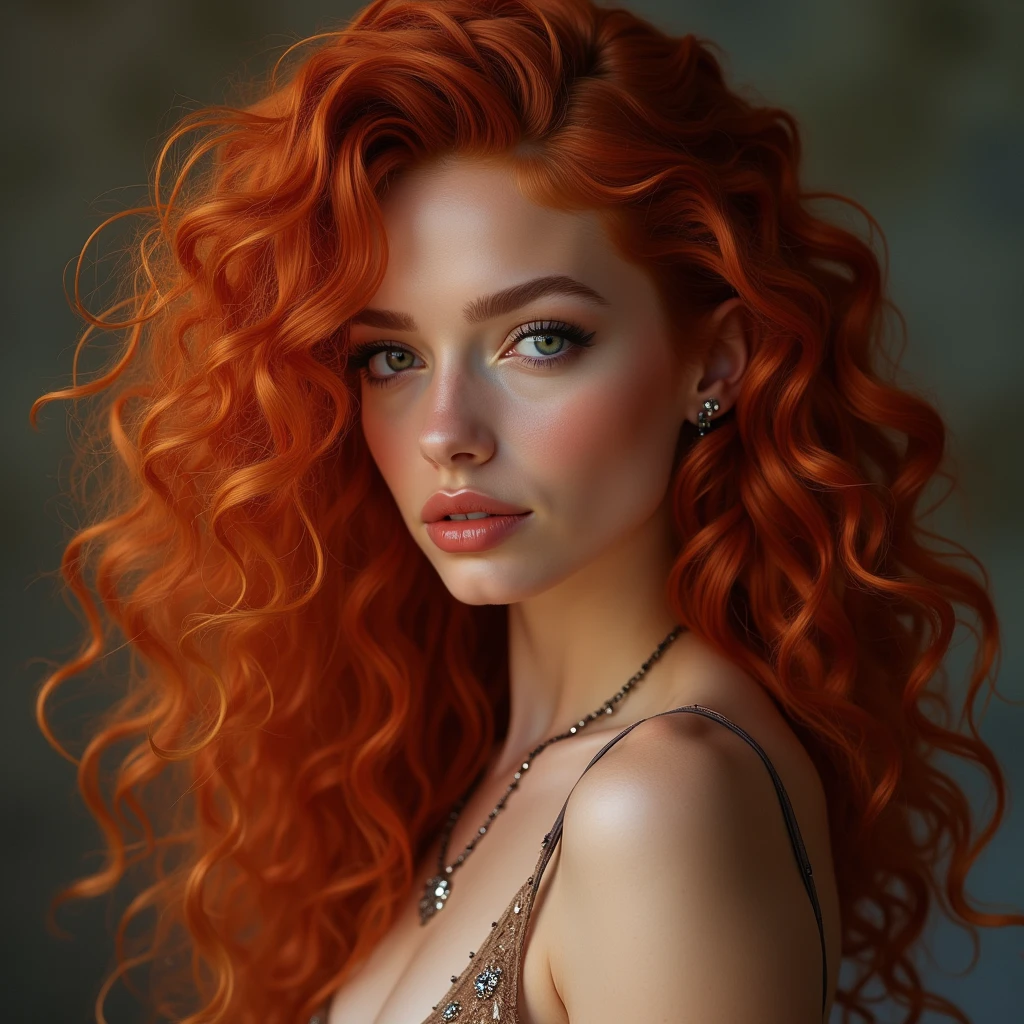 The portrait depicts a girl with flawless anatomical facial details, seductive make-up, presenting a seamless blend of diverse nationalities and skin tones. Her curly drill red hair, varying in length and color in every one image different like (1. image—red, 2. image blonde, 3. image black, and 4. image brown:1.5)—adds to her unique diversity. Her eyes and lips are rendered with extraordinary precision, highlighted by long eyelashes. Displayed in ultra-high resolution, either 4k or 8k, the image boasts a 1.2 rating, demonstrating its exceptional quality. It features an ultra-detailed, realistic, and photorealistic appearance with a 1.37 aspect ratio, enhanced by HDR and UHD quality. The studio lighting accentuates the painting's intricate details, captured with sharp focus and physically based rendering that uncovers every fine detail. A gentle bokeh effect complements the vibrant colors, culminating in a visually captivating experience.