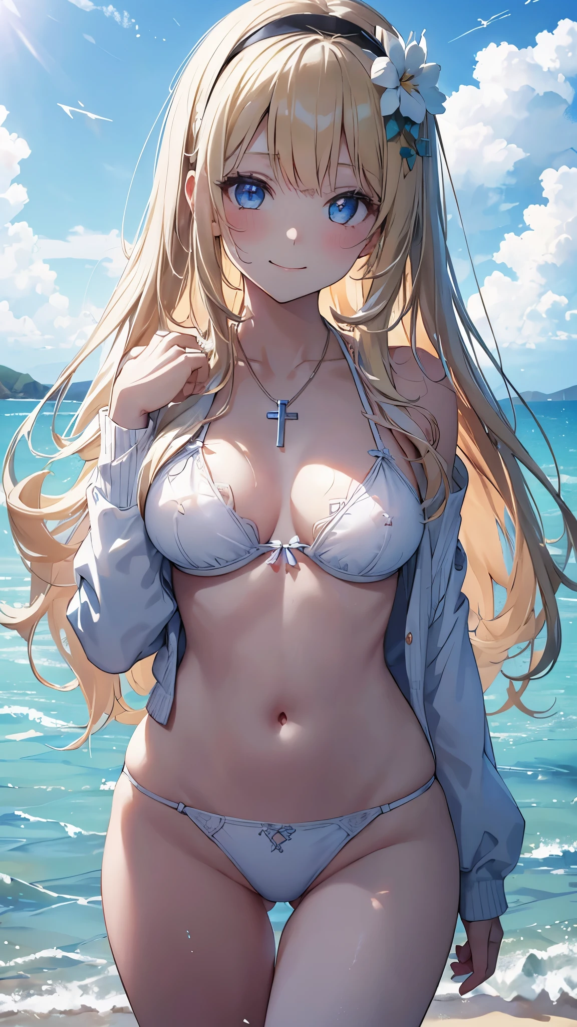 absurdres, (masterpiece, best quality), (ultra-detailed), extremely detailed, super high resolution, (Top Quality photorealistic Illustration), (Super Definition), (best quality,masterpiece:1.0),(cute illustration:1.3), (high Saturation:1.2), highres, ultra-detailed, 32k,8k resolution, intricate details, cinematic scene, detailed background, detailed background,(masutepiece:1.2), (Best Quality:1.2), hyper detailed illustration, beautiful artwork,(Extreme detail CG Unity), (8K Wallpaper)、(exquisite lighting and shadow)、(highly dramatic picture)、(cinematic lens effects),strong light coming in, BREAK (dynamic angle:1.6), (close to viewer:1.6),from below, depth background, in the sandy beach, ocean, splashing, blue sky, windy, rim light, sunlight, beautiful lighting, strong light, widely, (girly standing:1.3), ((looking up at viewer)), ((looking up)), BREAK 1 girl, (aaerika:1.8),cute girl, (round face:1.6), (baby face:1.6), (kawaii:1.6), (cute:1.6), (loli face:1.6), (round eyes), (ultra-detailed brilliant big eyes), (large pupil), ((shiny skin)), ((pale skin)), (shy), (blush), smile, BREAK baby pink eyes, long hair, twintails, hair ribbon, BREAK (full nude:1.8), (show off nipples:1.8), (exposing bare breasts:1.8), (exposed chest:1.8), (no bra:1.3),medium breasts, (small nipples:1.2), (small areolas:1.2),pussy,Big smile