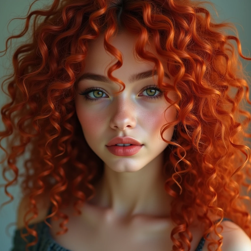 The portrait depicts a girl with flawless anatomical facial details, seductive make-up, presenting a seamless blend of diverse nationalities and skin tones. Her curly drill red hair, varying in length and color in every one image different like (1. image—red, 2. image blonde, 3. image black, and 4. image brown:1.5)—adds to her unique diversity. Her eyes and lips are rendered with extraordinary precision, highlighted by long eyelashes. Displayed in ultra-high resolution, either 4k or 8k, the image boasts a 1.2 rating, demonstrating its exceptional quality. It features an ultra-detailed, realistic, and photorealistic appearance with a 1.37 aspect ratio, enhanced by HDR and UHD quality. The studio lighting accentuates the painting's intricate details, captured with sharp focus and physically based rendering that uncovers every fine detail. A gentle bokeh effect complements the vibrant colors, culminating in a visually captivating experience.