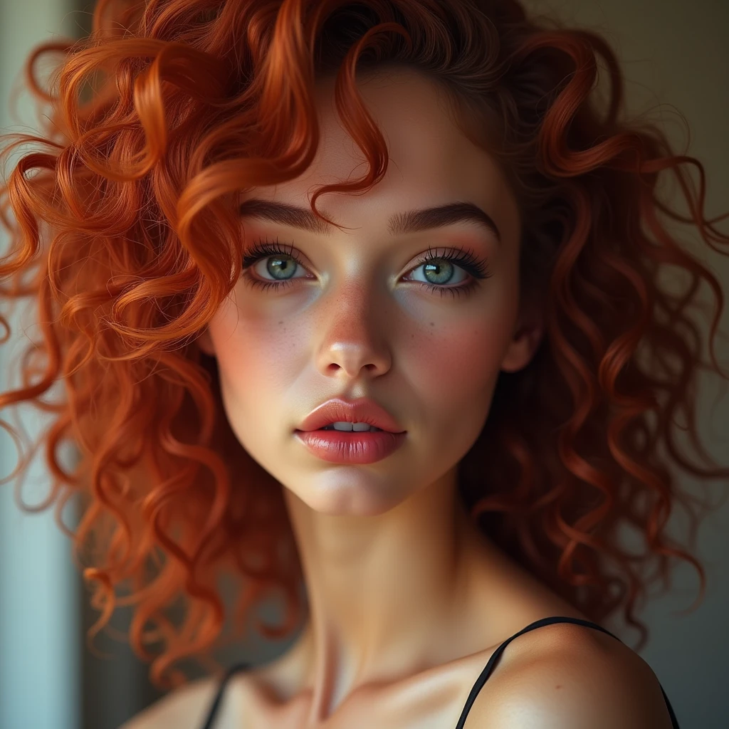 The portrait depicts a girl with flawless anatomical facial details, seductive make-up, presenting a seamless blend of diverse nationalities and skin tones. Her curly drill red hair, varying in length and color in every one image different like (1. image—red, 2. image blonde, 3. image black, and 4. image brown:1.5)—adds to her unique diversity. Her eyes and lips are rendered with extraordinary precision, highlighted by long eyelashes. Displayed in ultra-high resolution, either 4k or 8k, the image boasts a 1.2 rating, demonstrating its exceptional quality. It features an ultra-detailed, realistic, and photorealistic appearance with a 1.37 aspect ratio, enhanced by HDR and UHD quality. The studio lighting accentuates the painting's intricate details, captured with sharp focus and physically based rendering that uncovers every fine detail. A gentle bokeh effect complements the vibrant colors, culminating in a visually captivating experience.