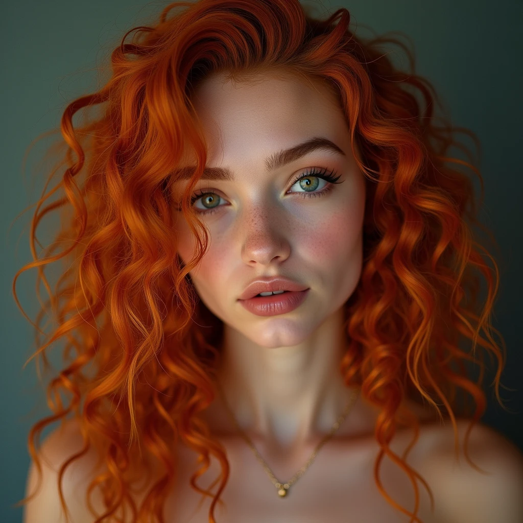 The portrait depicts a girl with flawless anatomical facial details, seductive make-up, presenting a seamless blend of diverse nationalities and skin tones. Her curly drill red hair, varying in length and color in every one image different like (1. image—red, 2. image blonde, 3. image black, and 4. image brown:1.5)—adds to her unique diversity. Her eyes and lips are rendered with extraordinary precision, highlighted by long eyelashes. Displayed in ultra-high resolution, either 4k or 8k, the image boasts a 1.2 rating, demonstrating its exceptional quality. It features an ultra-detailed, realistic, and photorealistic appearance with a 1.37 aspect ratio, enhanced by HDR and UHD quality. The studio lighting accentuates the painting's intricate details, captured with sharp focus and physically based rendering that uncovers every fine detail. A gentle bokeh effect complements the vibrant colors, culminating in a visually captivating experience.