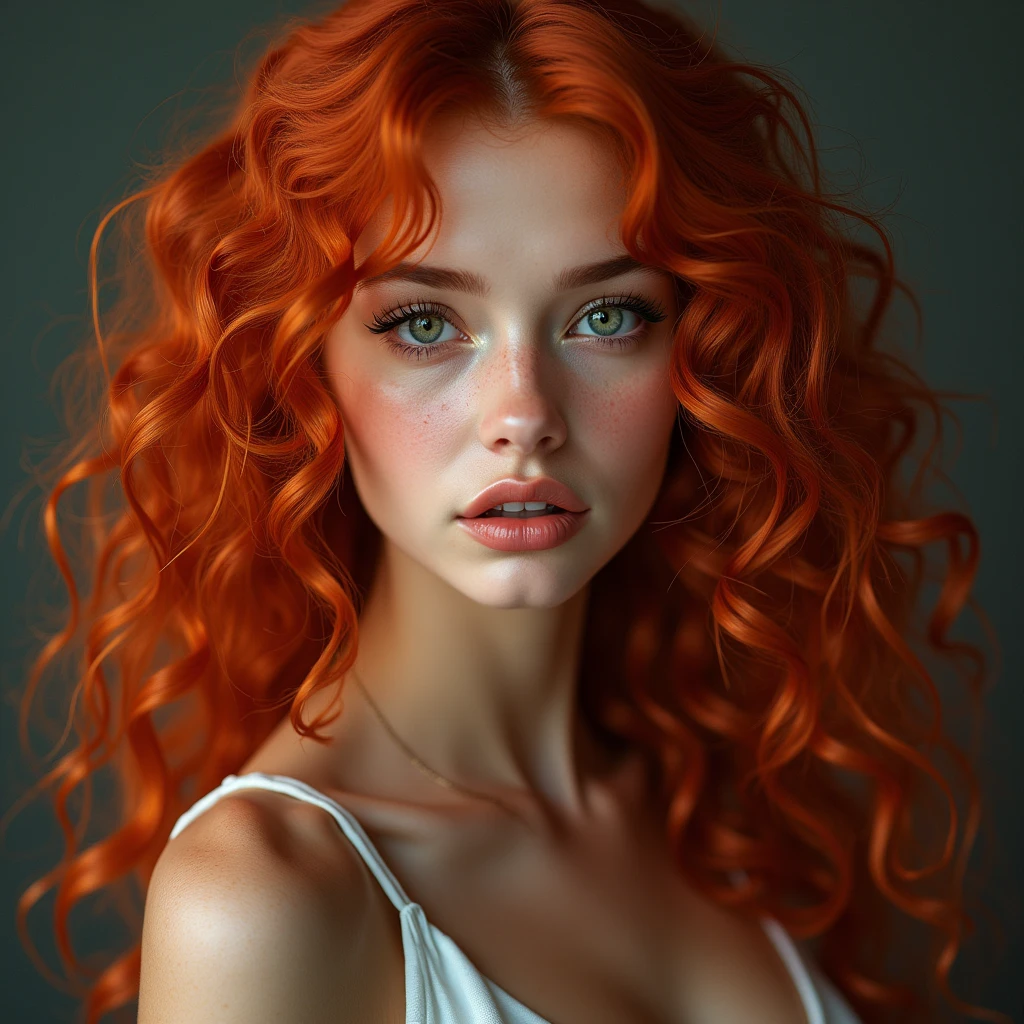 The portrait depicts a girl with flawless anatomical facial details, seductive make-up, presenting a seamless blend of diverse nationalities and skin tones. Her curly drill red hair, varying in length and color in every one image different like (1. image—red, 2. image blonde, 3. image black, and 4. image brown:1.5)—adds to her unique diversity. Her eyes and lips are rendered with extraordinary precision, highlighted by long eyelashes. Displayed in ultra-high resolution, either 4k or 8k, the image boasts a 1.2 rating, demonstrating its exceptional quality. It features an ultra-detailed, realistic, and photorealistic appearance with a 1.37 aspect ratio, enhanced by HDR and UHD quality. The studio lighting accentuates the painting's intricate details, captured with sharp focus and physically based rendering that uncovers every fine detail. A gentle bokeh effect complements the vibrant colors, culminating in a visually captivating experience.