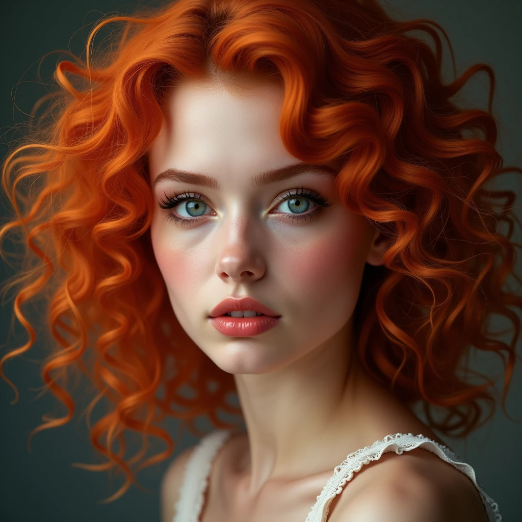 The portrait depicts a girl with flawless anatomical facial details, seductive make-up, presenting a seamless blend of diverse nationalities and skin tones. Her curly drill red hair, varying in length and color in every one image different like (1. image—red, 2. image blonde, 3. image black, and 4. image brown:1.5)—adds to her unique diversity. Her eyes and lips are rendered with extraordinary precision, highlighted by long eyelashes. Displayed in ultra-high resolution, either 4k or 8k, the image boasts a 1.2 rating, demonstrating its exceptional quality. It features an ultra-detailed, realistic, and photorealistic appearance with a 1.37 aspect ratio, enhanced by HDR and UHD quality. The studio lighting accentuates the painting's intricate details, captured with sharp focus and physically based rendering that uncovers every fine detail. A gentle bokeh effect complements the vibrant colors, culminating in a visually captivating experience.