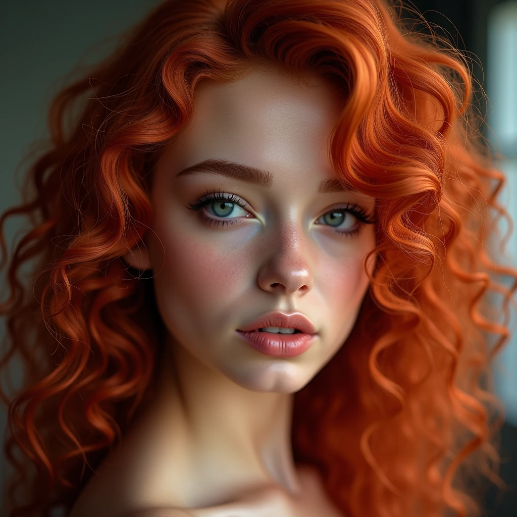 The portrait depicts a girl with flawless anatomical facial details, seductive make-up, presenting a seamless blend of diverse nationalities and skin tones. Her curly drill red hair, varying in length and color in every one image different like (1. image—red, 2. image blonde, 3. image black, and 4. image brown:1.5)—adds to her unique diversity. Her eyes and lips are rendered with extraordinary precision, highlighted by long eyelashes. Displayed in ultra-high resolution, either 4k or 8k, the image boasts a 1.2 rating, demonstrating its exceptional quality. It features an ultra-detailed, realistic, and photorealistic appearance with a 1.37 aspect ratio, enhanced by HDR and UHD quality. The studio lighting accentuates the painting's intricate details, captured with sharp focus and physically based rendering that uncovers every fine detail. A gentle bokeh effect complements the vibrant colors, culminating in a visually captivating experience.