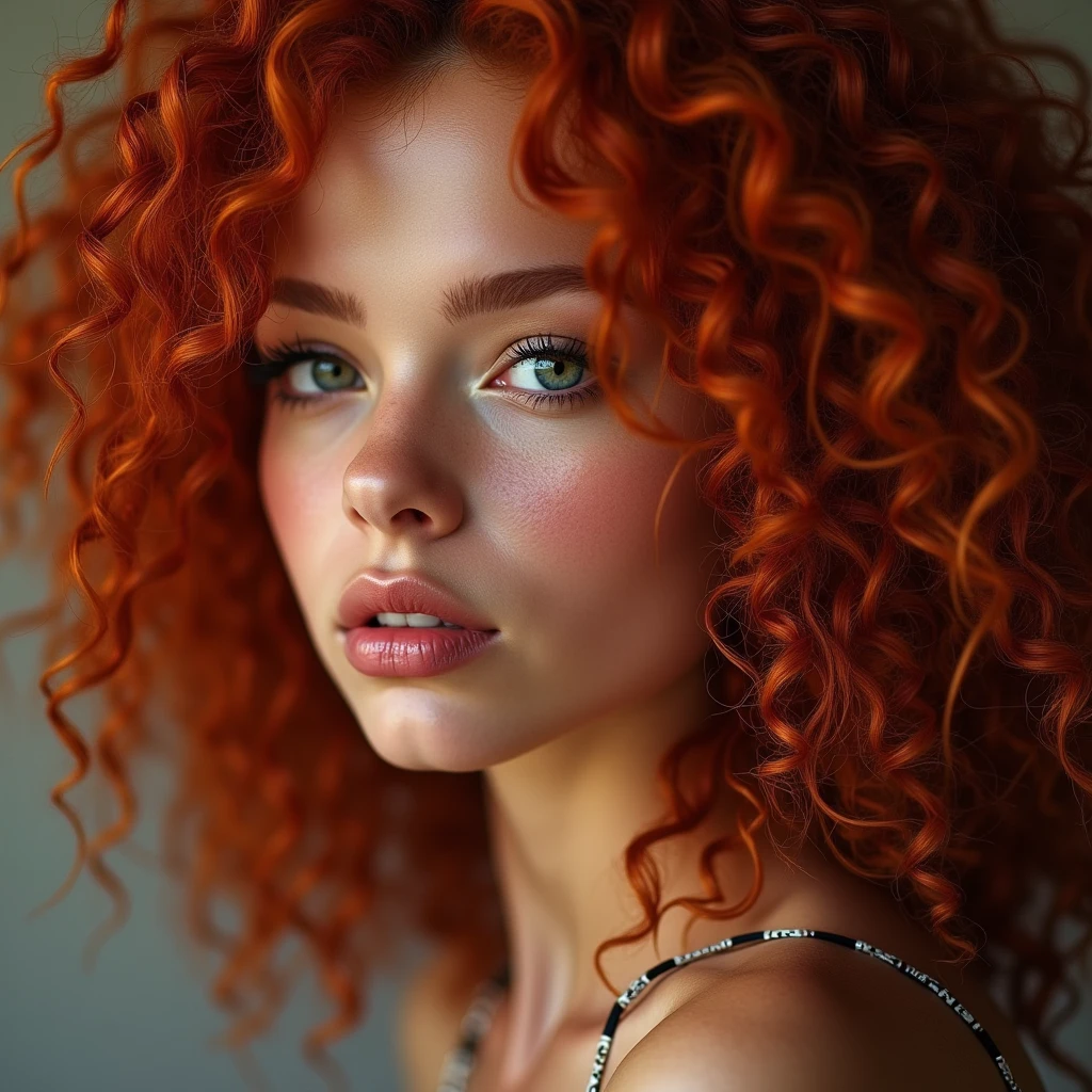 The portrait depicts a girl with flawless anatomical facial details, seductive make-up, presenting a seamless blend of diverse nationalities and skin tones. Her curly drill red hair, varying in length and color in every one image different like (1. image—red, 2. image blonde, 3. image black, and 4. image brown:1.5)—adds to her unique diversity. Her eyes and lips are rendered with extraordinary precision, highlighted by long eyelashes. Displayed in ultra-high resolution, either 4k or 8k, the image boasts a 1.2 rating, demonstrating its exceptional quality. It features an ultra-detailed, realistic, and photorealistic appearance with a 1.37 aspect ratio, enhanced by HDR and UHD quality. The studio lighting accentuates the painting's intricate details, captured with sharp focus and physically based rendering that uncovers every fine detail. A gentle bokeh effect complements the vibrant colors, culminating in a visually captivating experience.