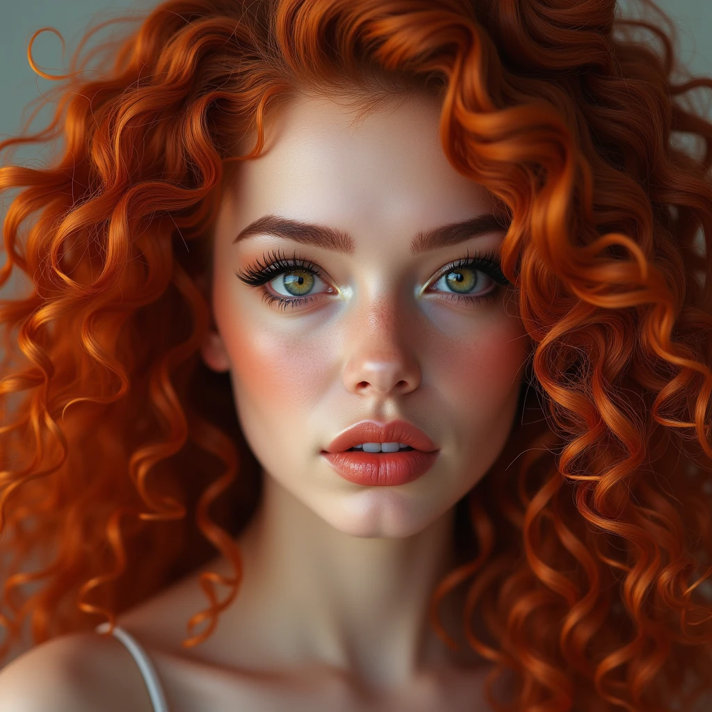 The portrait depicts a girl with flawless anatomical facial details, seductive make-up, presenting a seamless blend of diverse nationalities and skin tones. Her curly drill red hair, varying in length and color in every one image different like (1. image—red, 2. image blonde, 3. image black, and 4. image brown:1.5)—adds to her unique diversity. Her eyes and lips are rendered with extraordinary precision, highlighted by long eyelashes. Displayed in ultra-high resolution, either 4k or 8k, the image boasts a 1.2 rating, demonstrating its exceptional quality. It features an ultra-detailed, realistic, and photorealistic appearance with a 1.37 aspect ratio, enhanced by HDR and UHD quality. The studio lighting accentuates the painting's intricate details, captured with sharp focus and physically based rendering that uncovers every fine detail. A gentle bokeh effect complements the vibrant colors, culminating in a visually captivating experience.