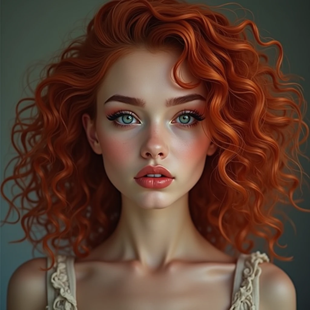 The portrait depicts a girl with flawless anatomical facial details, seductive make-up, presenting a seamless blend of diverse nationalities and skin tones. Her curly drill red hair, varying in length and color in every one image different like (1. image—red, 2. image blonde, 3. image black, and 4. image brown:1.5)—adds to her unique diversity. Her eyes and lips are rendered with extraordinary precision, highlighted by long eyelashes. Displayed in ultra-high resolution, either 4k or 8k, the image boasts a 1.2 rating, demonstrating its exceptional quality. It features an ultra-detailed, realistic, and photorealistic appearance with a 1.37 aspect ratio, enhanced by HDR and UHD quality. The studio lighting accentuates the painting's intricate details, captured with sharp focus and physically based rendering that uncovers every fine detail. A gentle bokeh effect complements the vibrant colors, culminating in a visually captivating experience.