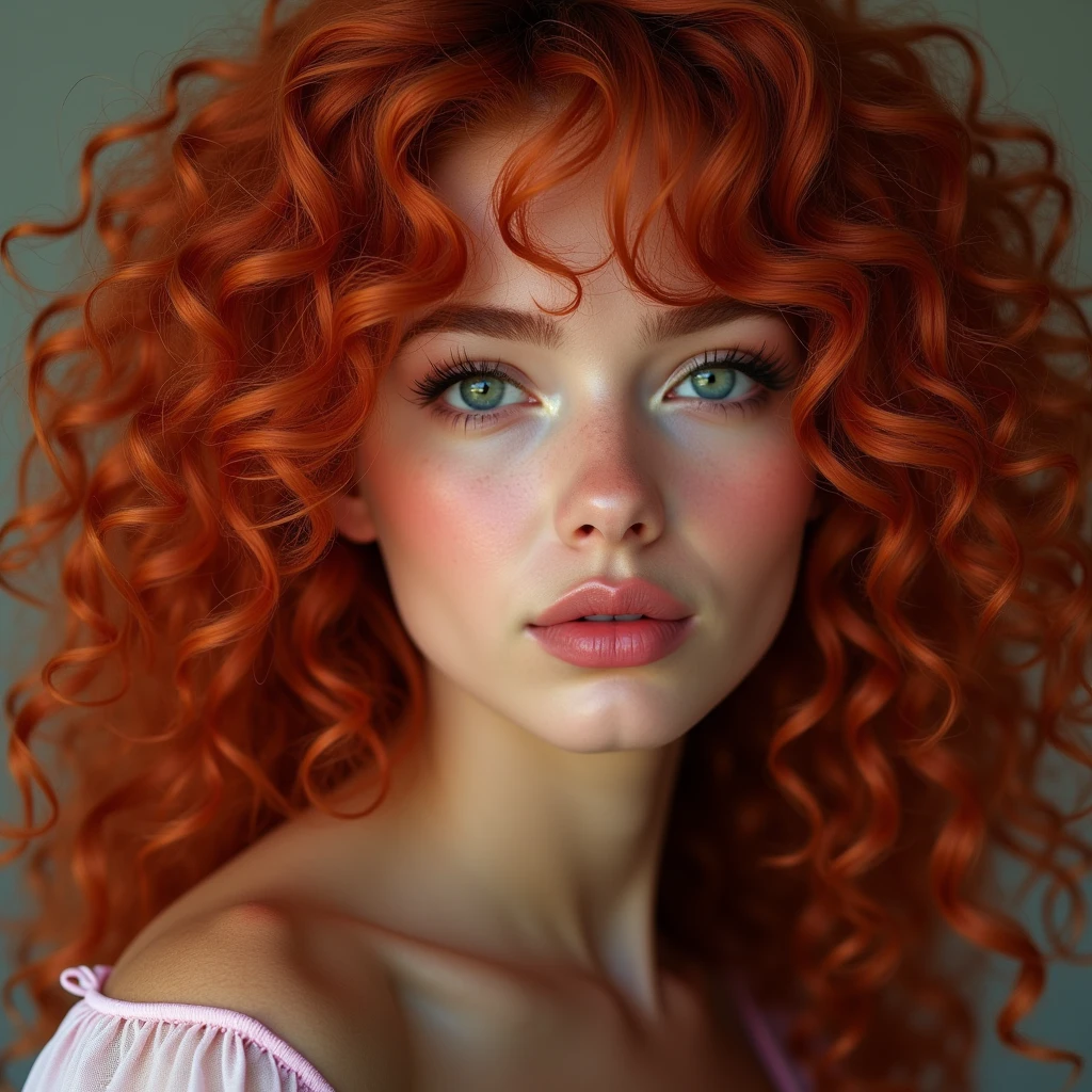 The portrait depicts a girl with flawless anatomical facial details, seductive make-up, presenting a seamless blend of diverse nationalities and skin tones. Her curly drill red hair, varying in length and color in every one image different like (1. image—red, 2. image blonde, 3. image black, and 4. image brown:1.5)—adds to her unique diversity. Her eyes and lips are rendered with extraordinary precision, highlighted by long eyelashes. Displayed in ultra-high resolution, either 4k or 8k, the image boasts a 1.2 rating, demonstrating its exceptional quality. It features an ultra-detailed, realistic, and photorealistic appearance with a 1.37 aspect ratio, enhanced by HDR and UHD quality. The studio lighting accentuates the painting's intricate details, captured with sharp focus and physically based rendering that uncovers every fine detail. A gentle bokeh effect complements the vibrant colors, culminating in a visually captivating experience.