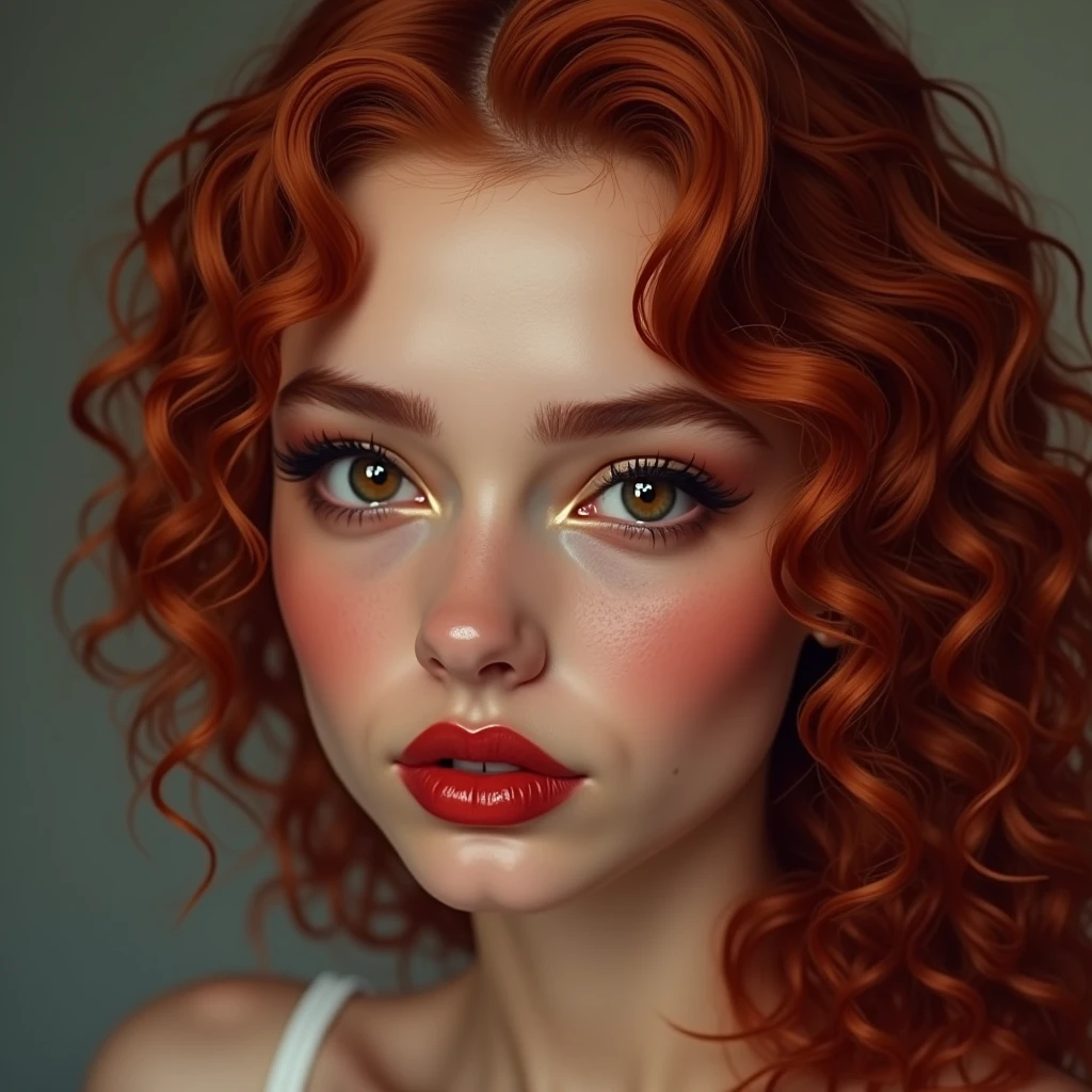 The portrait depicts a girl with flawless anatomical facial details, seductive make-up, presenting a seamless blend of diverse nationalities and skin tones. Her curly drill red hair, varying in length and color in every one image different like (1. image—red, 2. image blonde, 3. image black, and 4. image brown:1.5)—adds to her unique diversity. Her eyes and lips are rendered with extraordinary precision, highlighted by long eyelashes. Displayed in ultra-high resolution, either 4k or 8k, the image boasts a 1.2 rating, demonstrating its exceptional quality. It features an ultra-detailed, realistic, and photorealistic appearance with a 1.37 aspect ratio, enhanced by HDR and UHD quality. The studio lighting accentuates the painting's intricate details, captured with sharp focus and physically based rendering that uncovers every fine detail. A gentle bokeh effect complements the vibrant colors, culminating in a visually captivating experience.