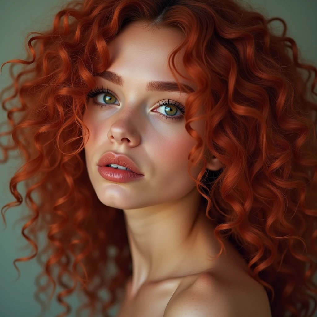 The portrait depicts a girl with flawless anatomical facial details, seductive make-up, presenting a seamless blend of diverse nationalities and skin tones. Her curly drill red hair, varying in length and color in every one image different like (1. image—red, 2. image blonde, 3. image black, and 4. image brown:1.5)—adds to her unique diversity. Her eyes and lips are rendered with extraordinary precision, highlighted by long eyelashes. Displayed in ultra-high resolution, either 4k or 8k, the image boasts a 1.2 rating, demonstrating its exceptional quality. It features an ultra-detailed, realistic, and photorealistic appearance with a 1.37 aspect ratio, enhanced by HDR and UHD quality. The studio lighting accentuates the painting's intricate details, captured with sharp focus and physically based rendering that uncovers every fine detail. A gentle bokeh effect complements the vibrant colors, culminating in a visually captivating experience.