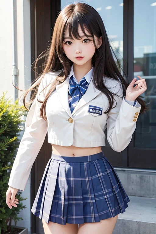 ((smile))、Confused、RAW Photos、(((The ultimate portrait masterpiece)))、((The cutest girl in the world:1.4))、1 girl、12 years old、Japanese、Cute face、((Silky Hair))、(A high ponytail tied with a ribbon:1.4)、((Eyes that shine like jewels))、Glowing Skin、(young woman;A consisting of a transparent white shirt, Thin ribbon, blazer, Checkered pleated skirt:1.5)、Winter clothes、(Uniforms made from high-quality fabrics:1.4)、Ultra-detailed uniforms、(She shyly pulls up her skirt:1.3),((Crotch from the front))、A skirt fluttering in the wind、eyeliner、Beautiful Bangs、Hair between the eyes、((solve、High resolution))、Detailed Background、8 KUHD、Digital SLR、Soft Light、high solve、Film Grain、Fujifilm XT3、Shallow depth of field、自然なSoft Light、Narrow waist,(Beautiful girl with sparkling eyes:1.4),(A big bust that seems to burst:-0.2),(You can see the shaved pan:1.29),(Very beautiful shaved pussy:1.2),(The idol-like cuteness of high school girls:1.2),(Ultra low waist、satin silk、Lace Underpants:0.7)