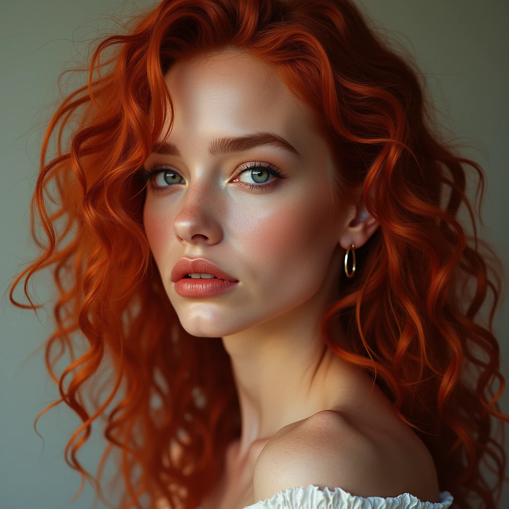 The portrait depicts a girl with flawless anatomical facial details, seductive make-up, presenting a seamless blend of diverse nationalities and skin tones. Her curly drill red hair, varying in length and color in every one image different like (1. image—red, 2. image blonde, 3. image black, and 4. image brown:1.5)—adds to her unique diversity. Her eyes and lips are rendered with extraordinary precision, highlighted by long eyelashes. Displayed in ultra-high resolution, either 4k or 8k, the image boasts a 1.2 rating, demonstrating its exceptional quality. It features an ultra-detailed, realistic, and photorealistic appearance with a 1.37 aspect ratio, enhanced by HDR and UHD quality. The studio lighting accentuates the painting's intricate details, captured with sharp focus and physically based rendering that uncovers every fine detail. A gentle bokeh effect complements the vibrant colors, culminating in a visually captivating experience.