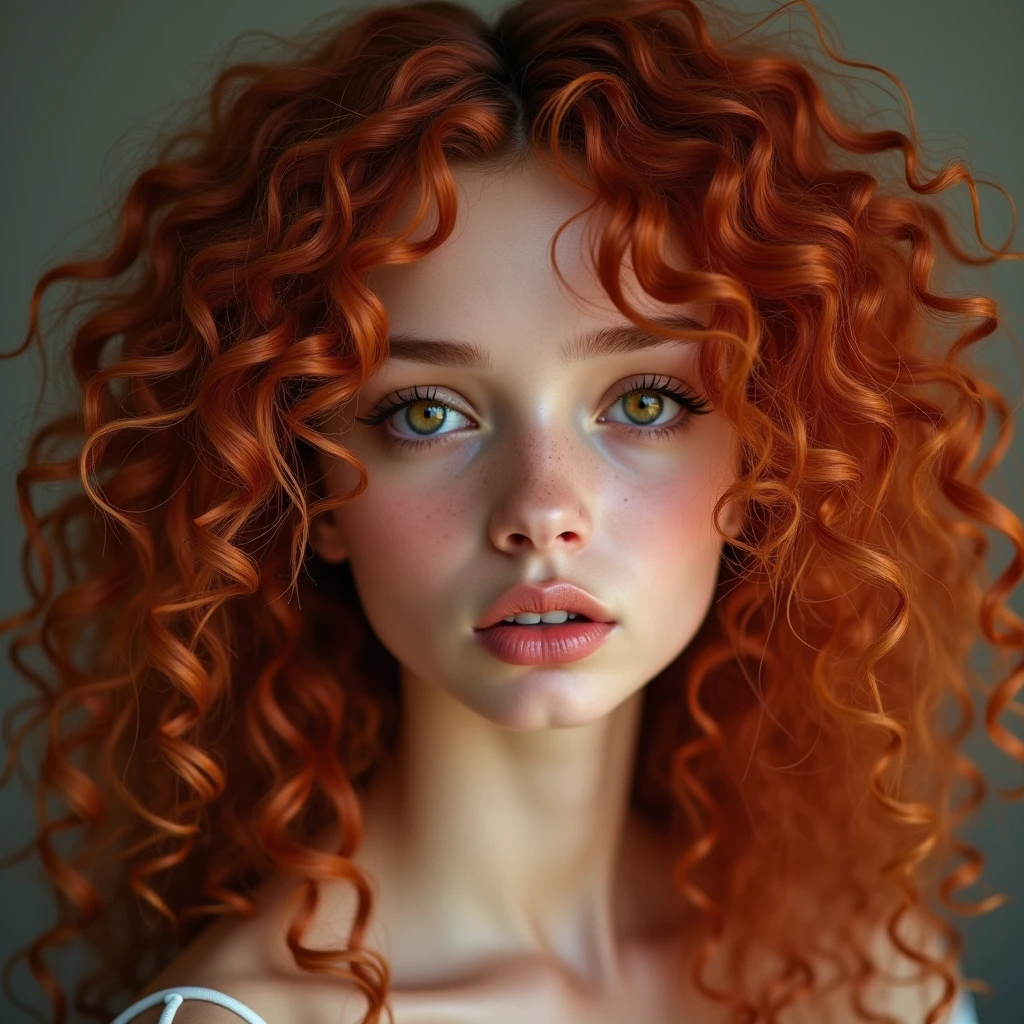 The portrait depicts a girl with flawless anatomical facial details, seductive make-up, presenting a seamless blend of diverse nationalities and skin tones. Her curly drill red hair, varying in length and color in every one image different like (1. image—red, 2. image blonde, 3. image black, and 4. image brown:1.5)—adds to her unique diversity. Her eyes and lips are rendered with extraordinary precision, highlighted by long eyelashes. Displayed in ultra-high resolution, either 4k or 8k, the image boasts a 1.2 rating, demonstrating its exceptional quality. It features an ultra-detailed, realistic, and photorealistic appearance with a 1.37 aspect ratio, enhanced by HDR and UHD quality. The studio lighting accentuates the painting's intricate details, captured with sharp focus and physically based rendering that uncovers every fine detail. A gentle bokeh effect complements the vibrant colors, culminating in a visually captivating experience.