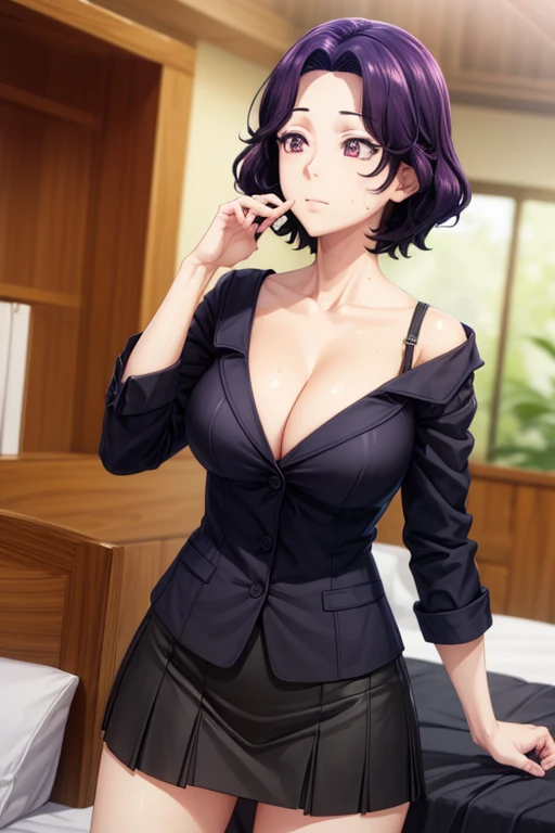 masterpiece,best quality,high resolution,8k,Ultra HD,wallpaper,illustration,perfect face,cowboy shot,beautiful detailed eyes,extremely detailed face,perfect lighting,extremely detailed CG,super-detailed CG,,perfect anatomy,perfect body,,,1woman,full body,,purple short hair,purple eyes,large breasts,medium ass,medium nipples,(black business suit) pencl skirt,,clothed,,collarbone,,,,(pose),Steam,sweat,rich home on the bed,(Grand Blue character Hamaoka Azusa),1person,